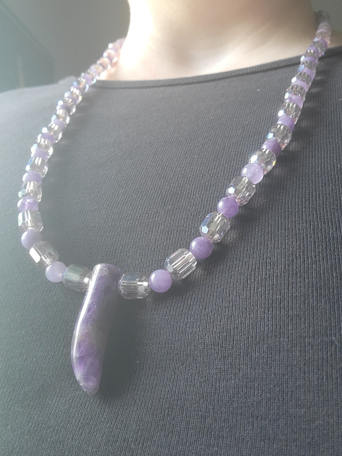 Amethyst Pendant & Lavender Beaded Genuine Crystal Necklace – Artisan Handmade