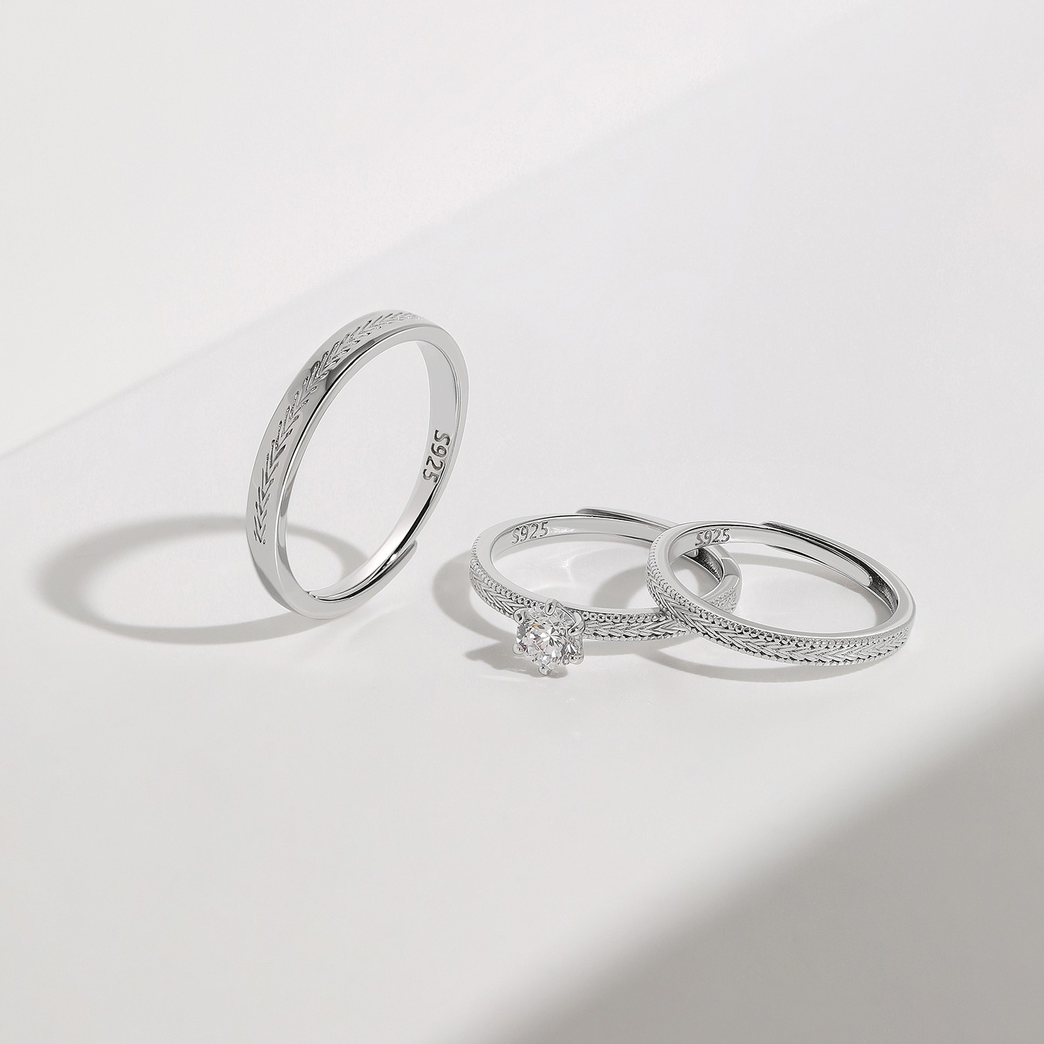Meissa S925 Silver CZ Couple Ring Set of 3 Engagement Promise Anniversary Rings