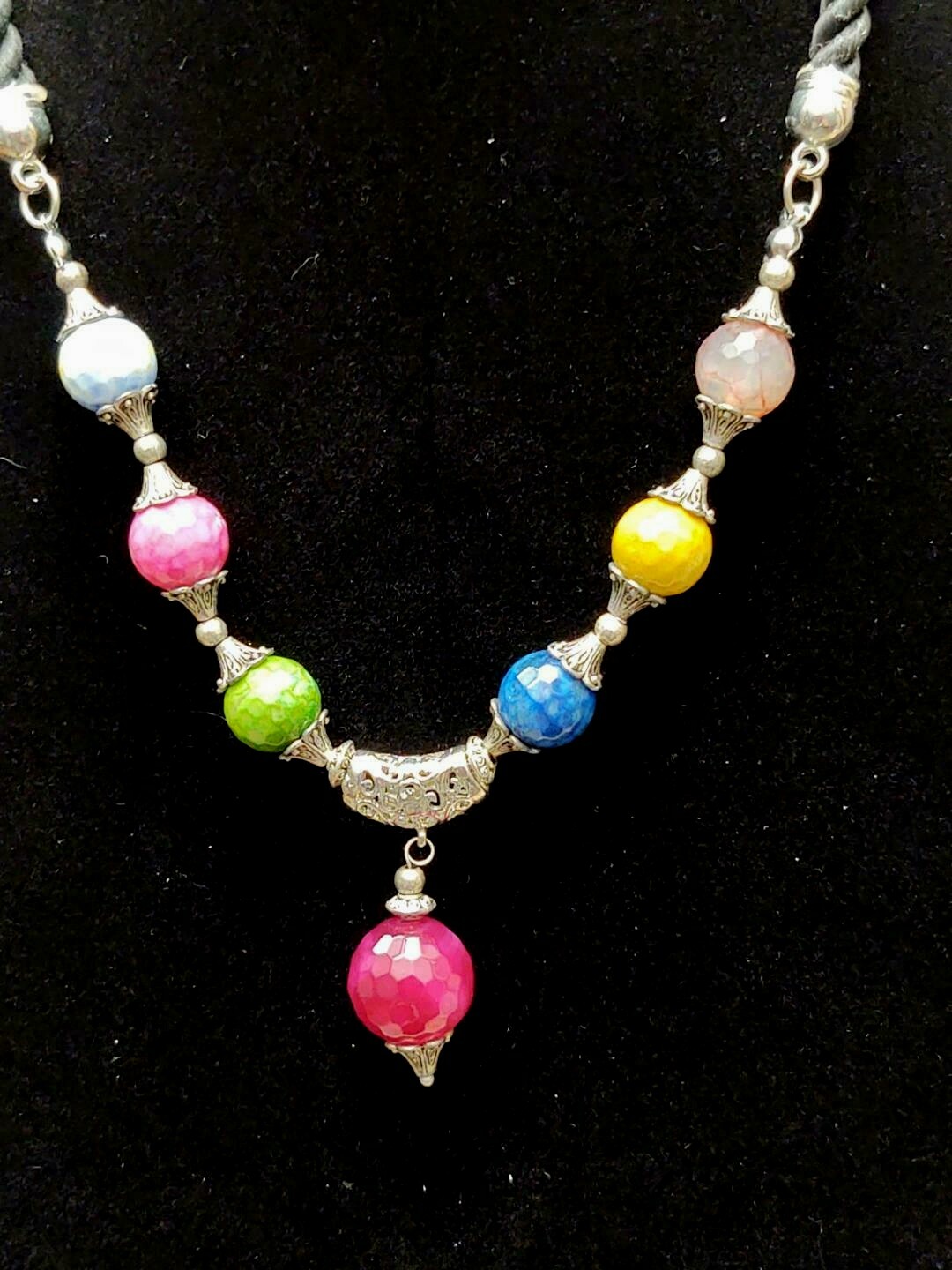 Multi-color Faceted Gemstone Bead Black Cord Silver Tone Metal Necklace Pendant