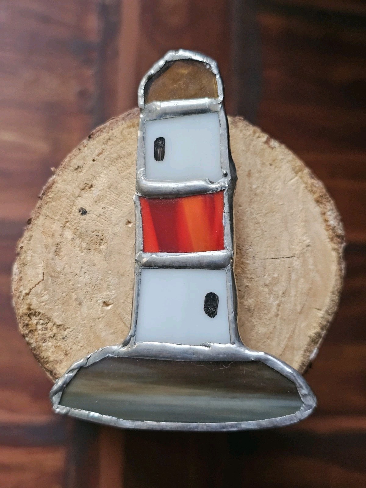 Vtg Retro Handmade Stained-Glass Large 3″ Lighthouse Brooch Pin Red White Sand