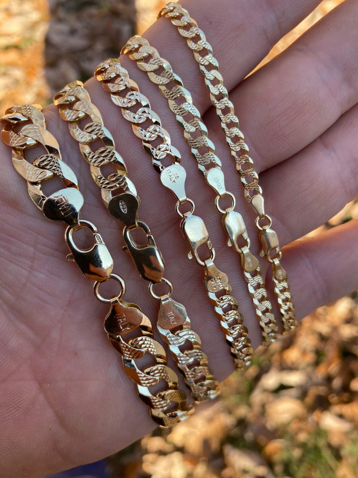 Cadena CUBANA De Plata De Ley 925 Bañada En Oro De 14K Corte Diamante de 4-11MM
