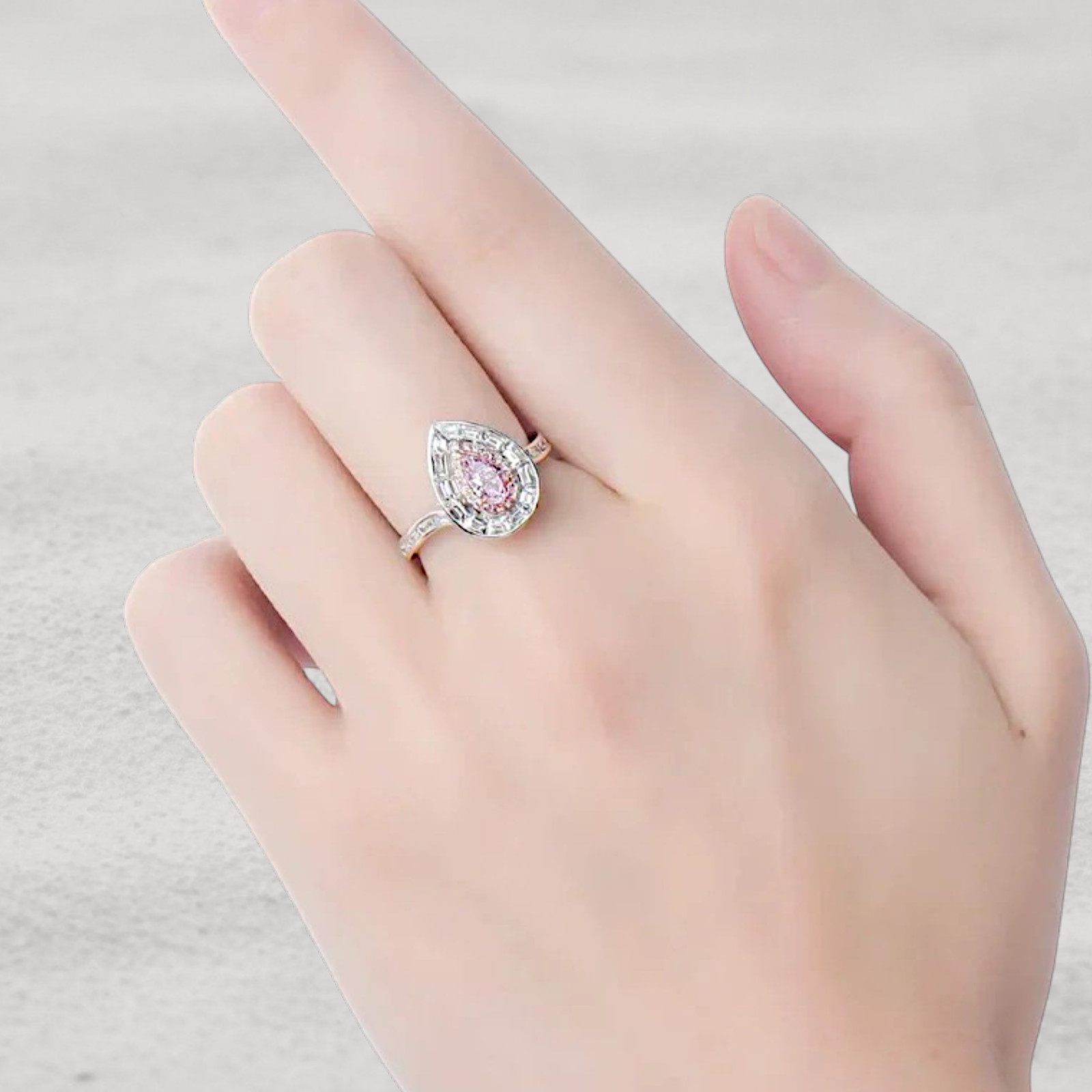 3.65 Carat Fancy Vivid Pink Pear Cut IGI Lab Created Diamond Ring 14k Multi Gold