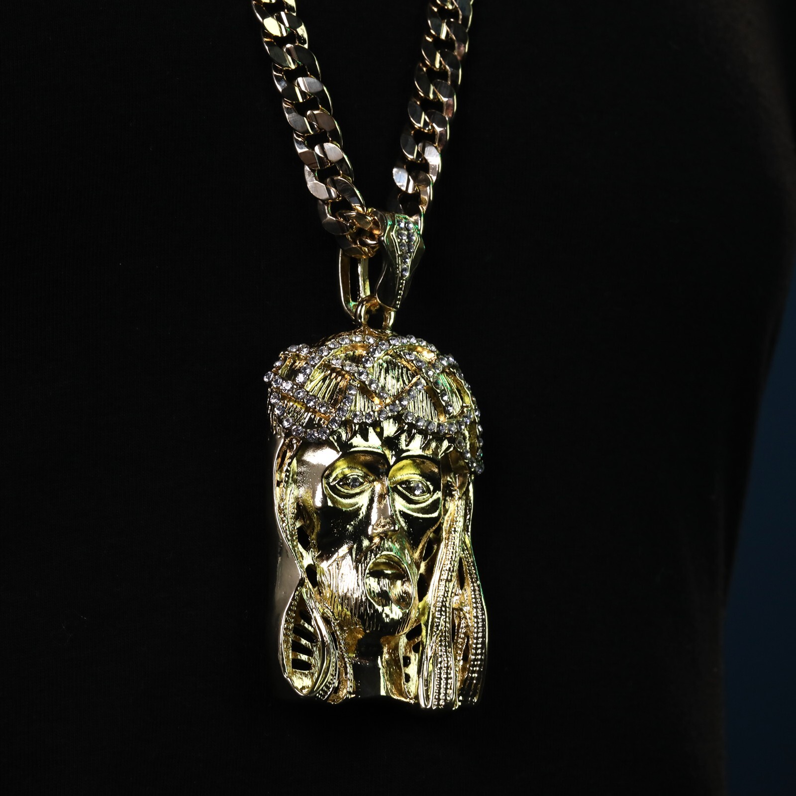 14k Gold Plated 30″ Cuban Chain Iced Cubic Zirconia Crowned Jesus Large Pendant