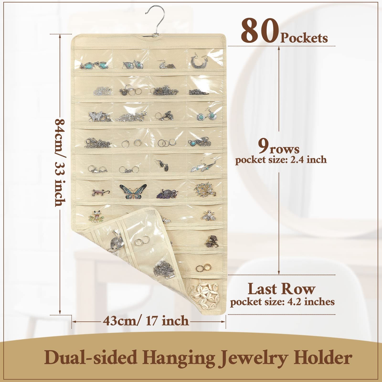 6 Pcs Jewelry Organizer Roll – 80 Pocket Dual-Sided Hanging Storage for Necklace