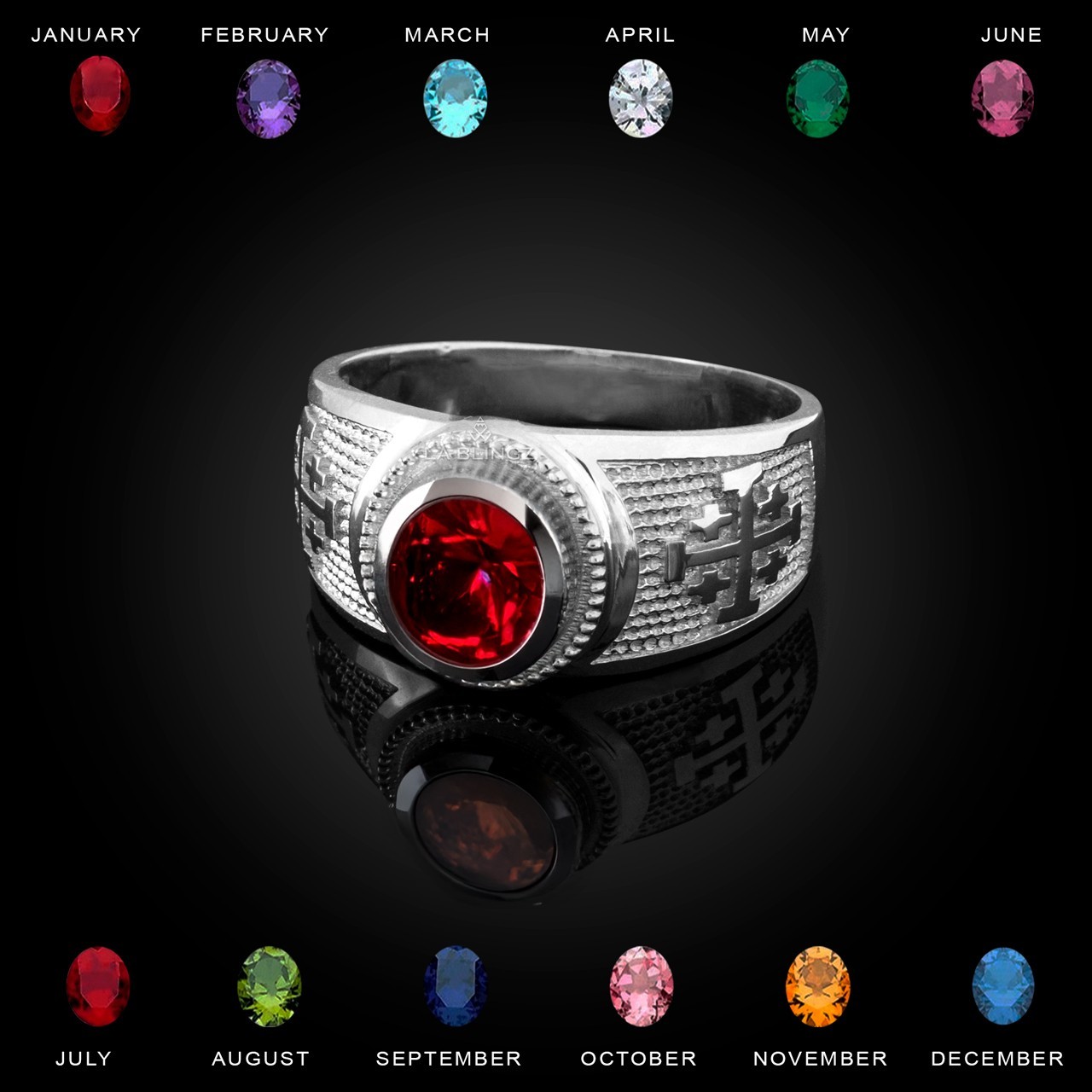 Sterling Silver Jerusalem Cross Birthstone CZ Ring