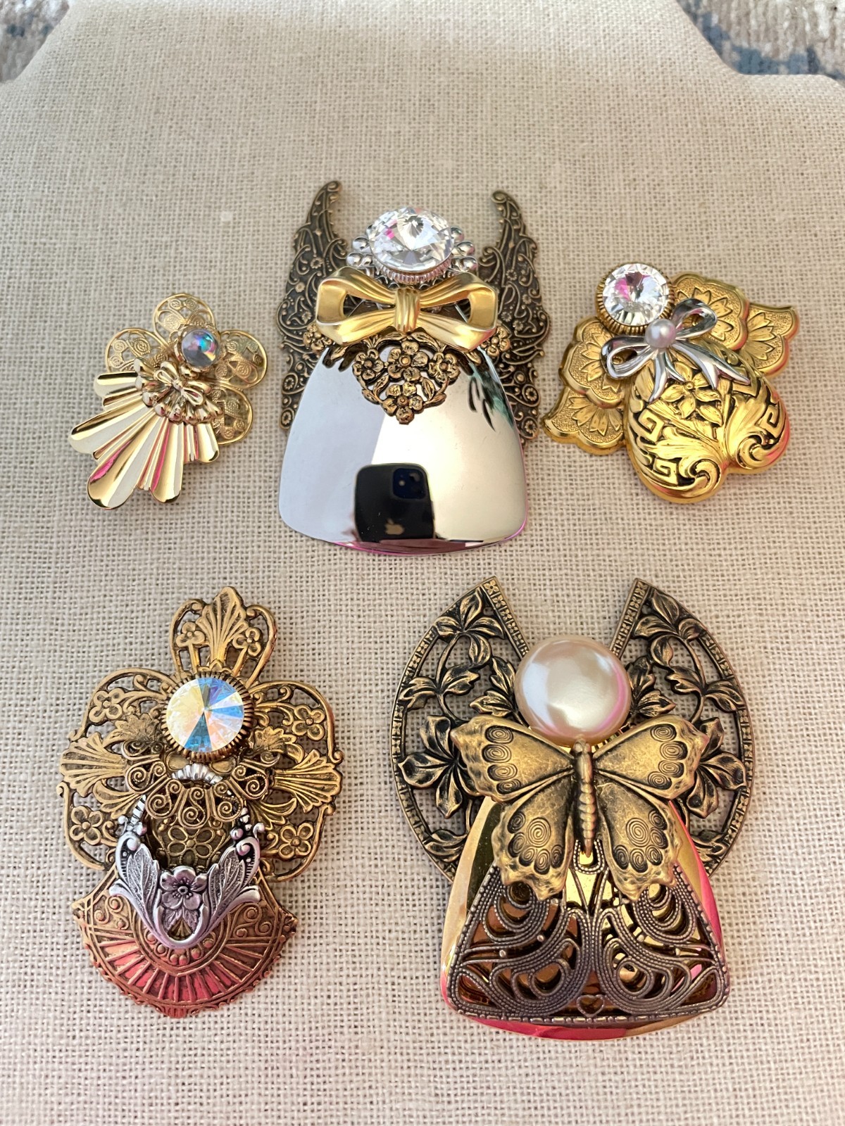 Lot of 5 Vintage Jane Davis Angel Brooches Filigree Gold Silver Bronze Tone