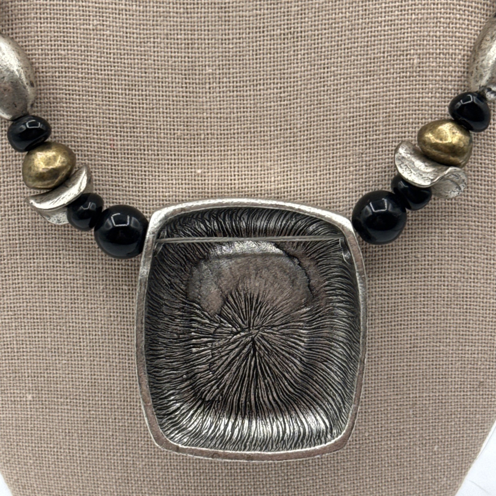 Chico’s Statement Necklace Black Silver Gold Scroll Pendant Boho Tribal Artisan