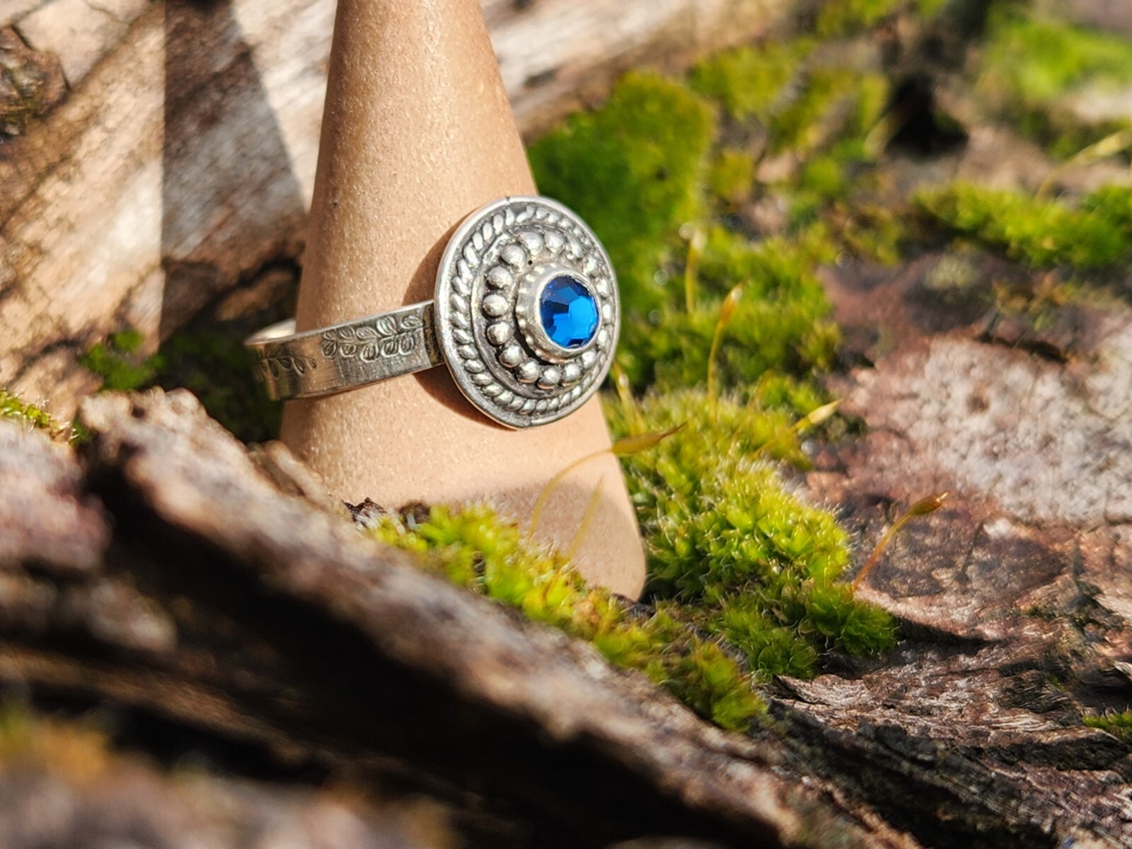 Handmade Sterling Silver Blue Swarovski Crystal Ring, Size 9.5, Leaf Leaves Band