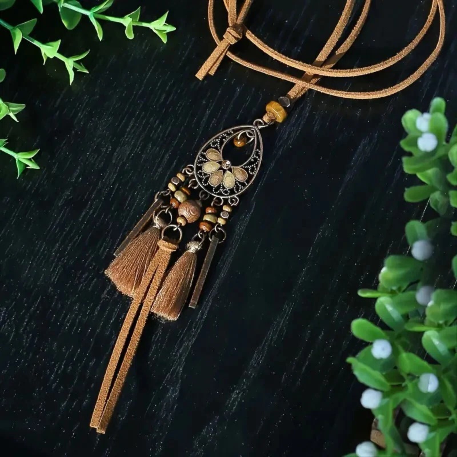 Rustic Antique Copper Enamel Tassel Pendant Vegan Suede Long Boho Necklace