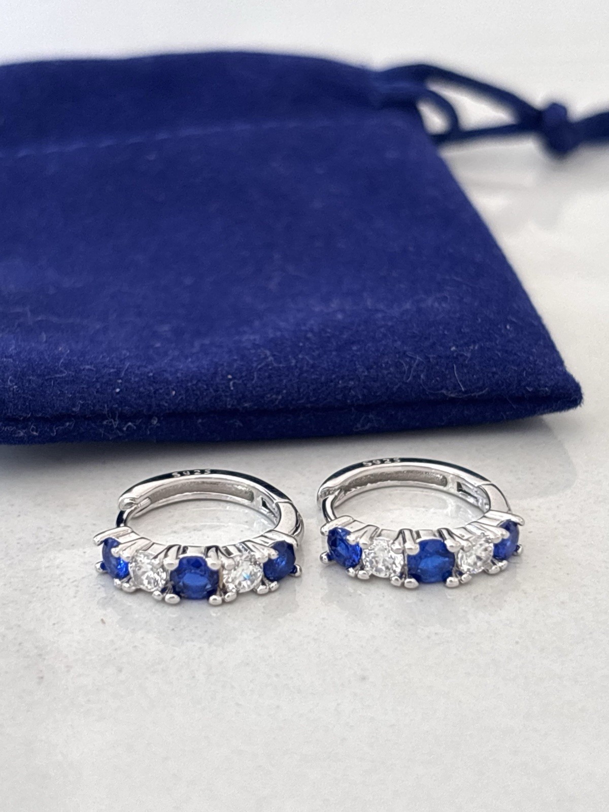 Sterling Silver Blue Sapphire CZ Huggie Hoop Earrings 925 Cubic Zirconia Gift