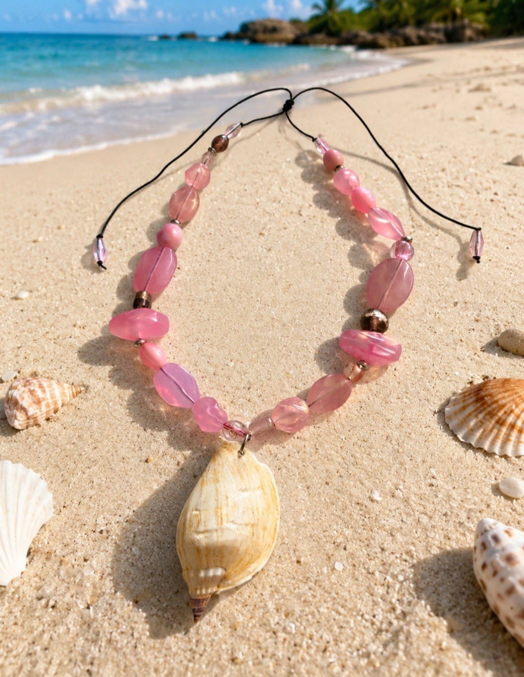Collar veraniego confeccionado en hilo chino con largo ajustable en tonos rosa