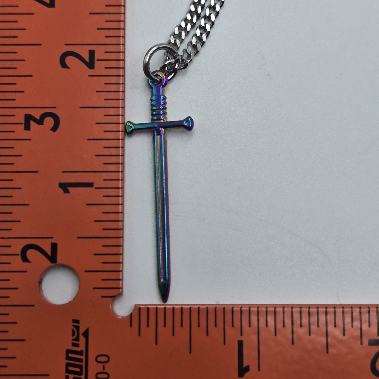 MULTI COLOR SMALL SWORD CHARM / 18″-24″ STAINLESS STEEL CURB CHAIN NECKLACE