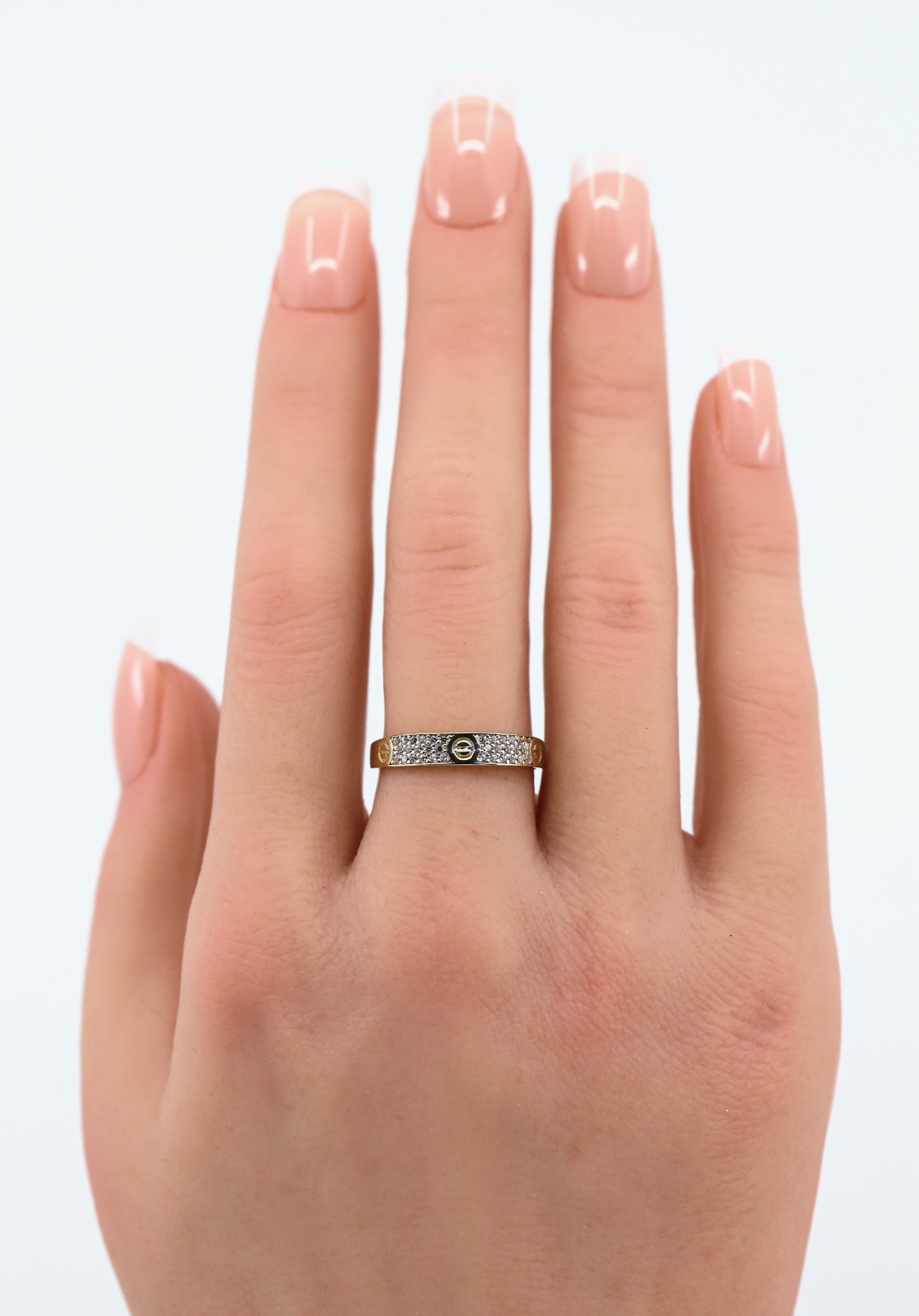 14K Solid Yellow Gold CZ Pave Womens Stackable Band Ring Screw Motif – Size 8.25