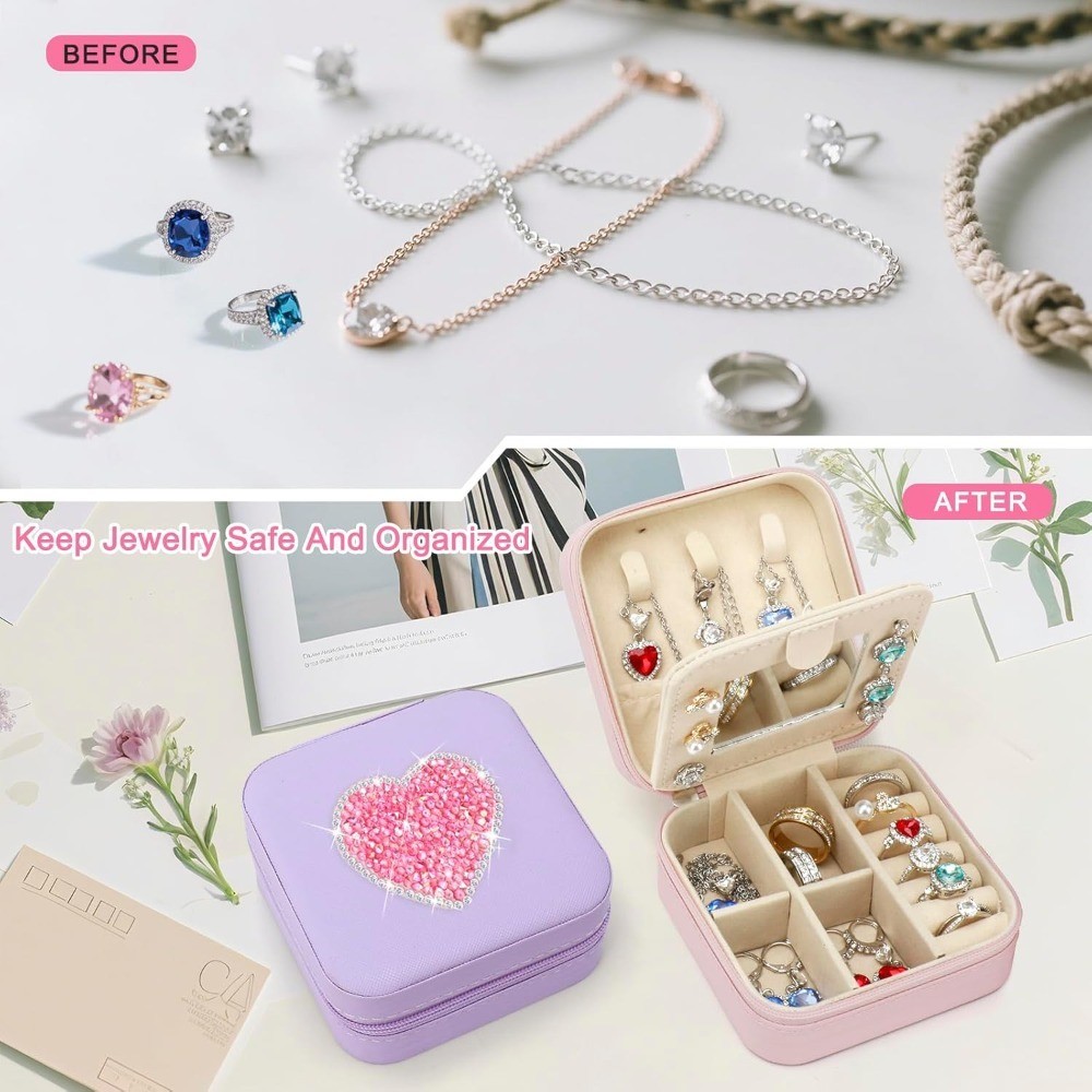 Sparkly Rhinestone Heart Jewelry Box for Girls Women,Glitter Travel Jewelry Case