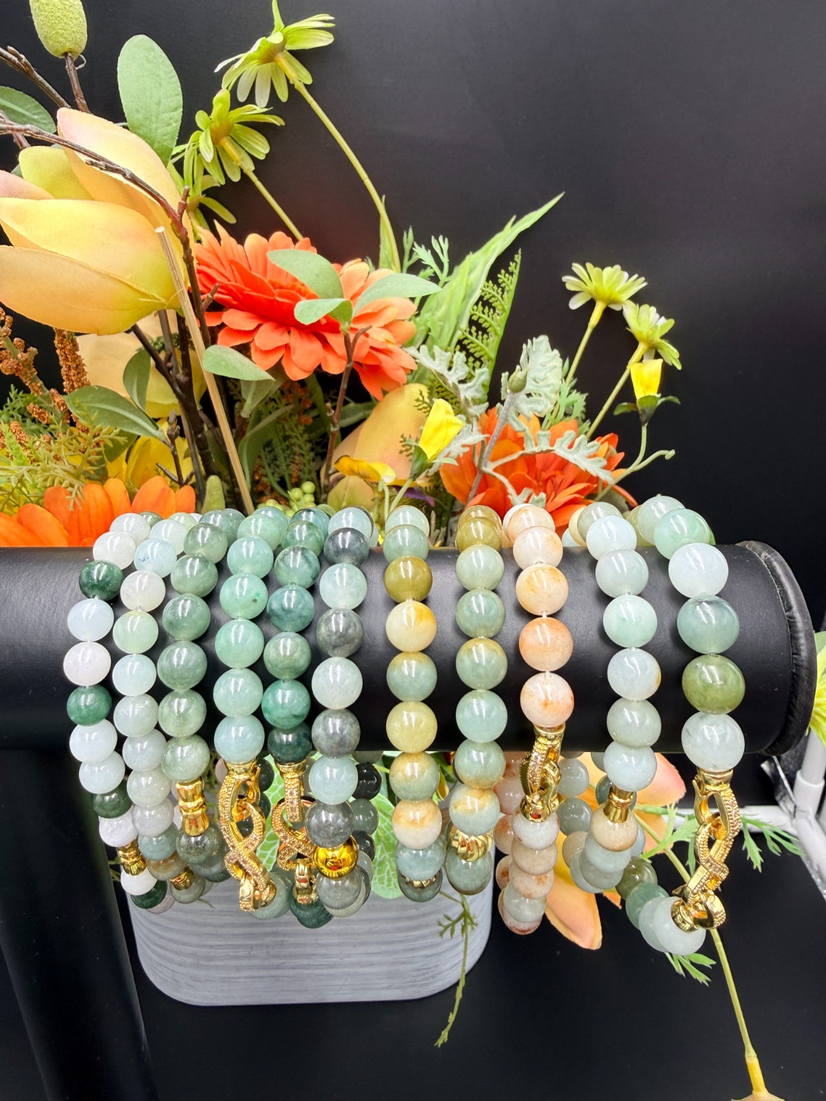 Certified Natural Jadeite Jade Beaded Bracelet Blue Green 8.4 mm #100147