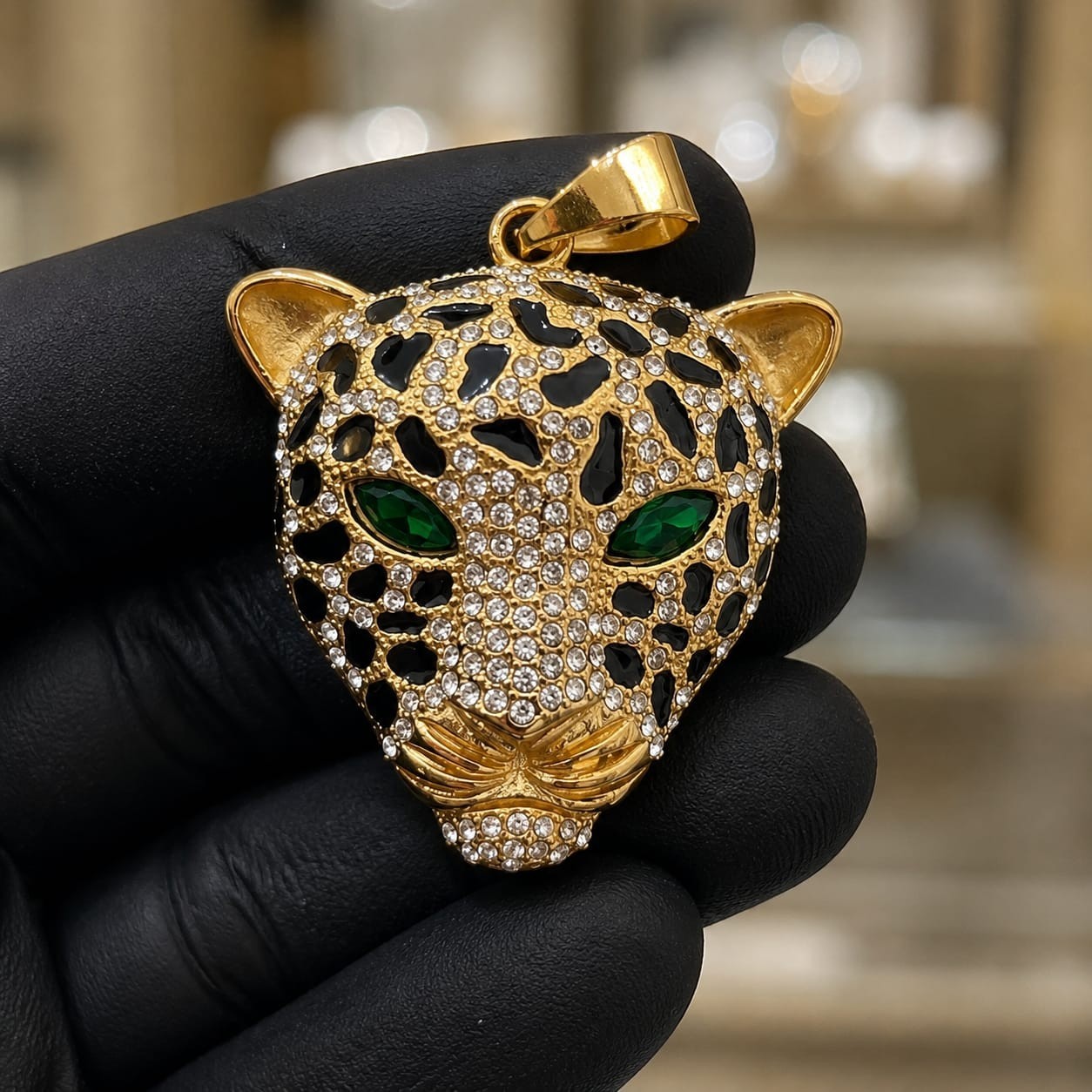Iced Out Leopard Head Pendant Silver Stainless Steel Blue Red Green Eyes