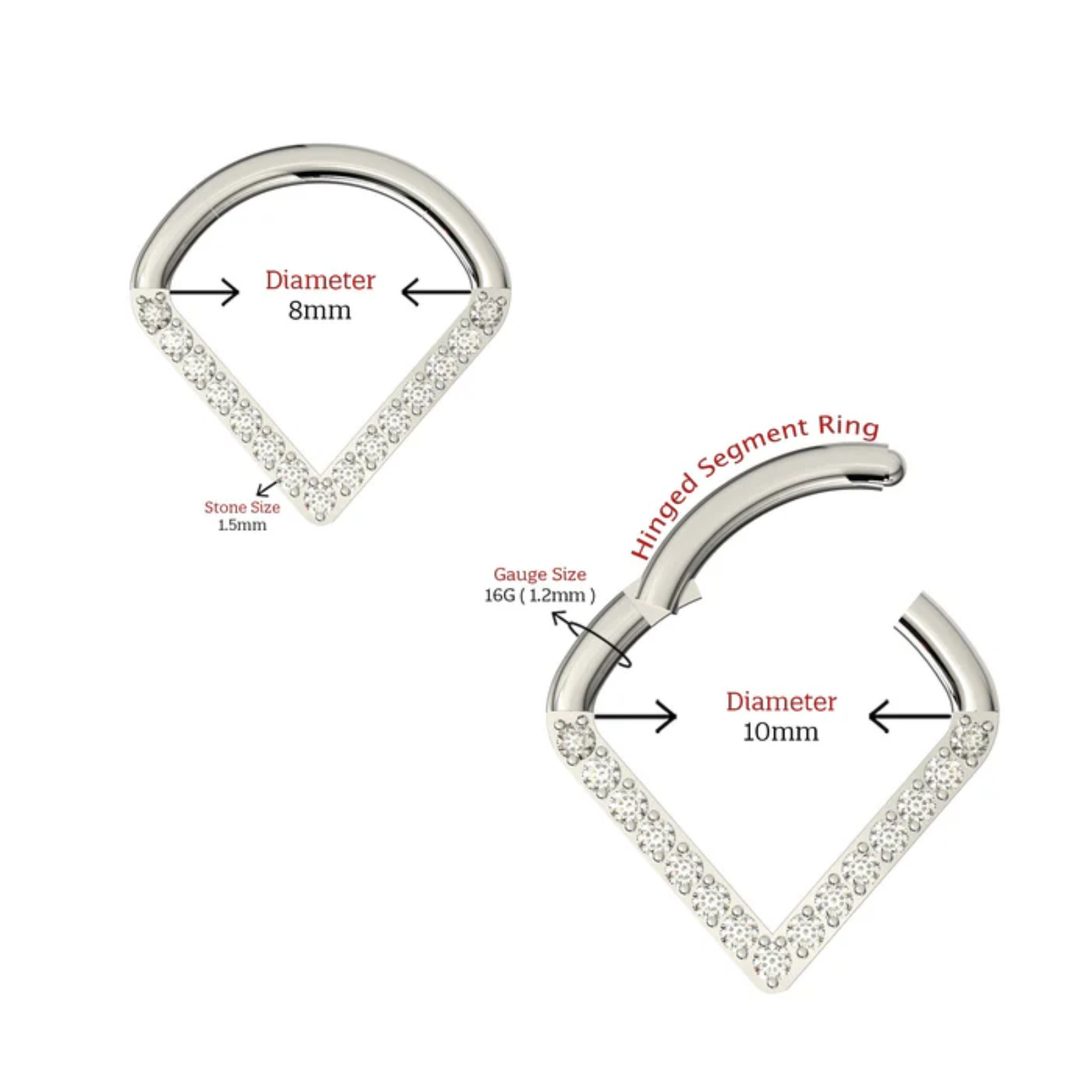 G23 Titanium CZ V Shape Hinged Segment Clicker Ring Septum Nose Cartilage