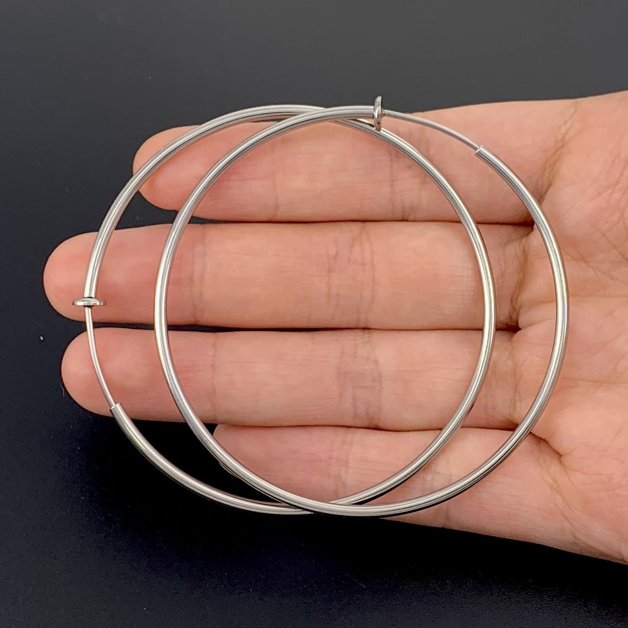 Clip On Hoop Spring Earrings Non Pierced Black Silver Rose Gold Tone (60mm)