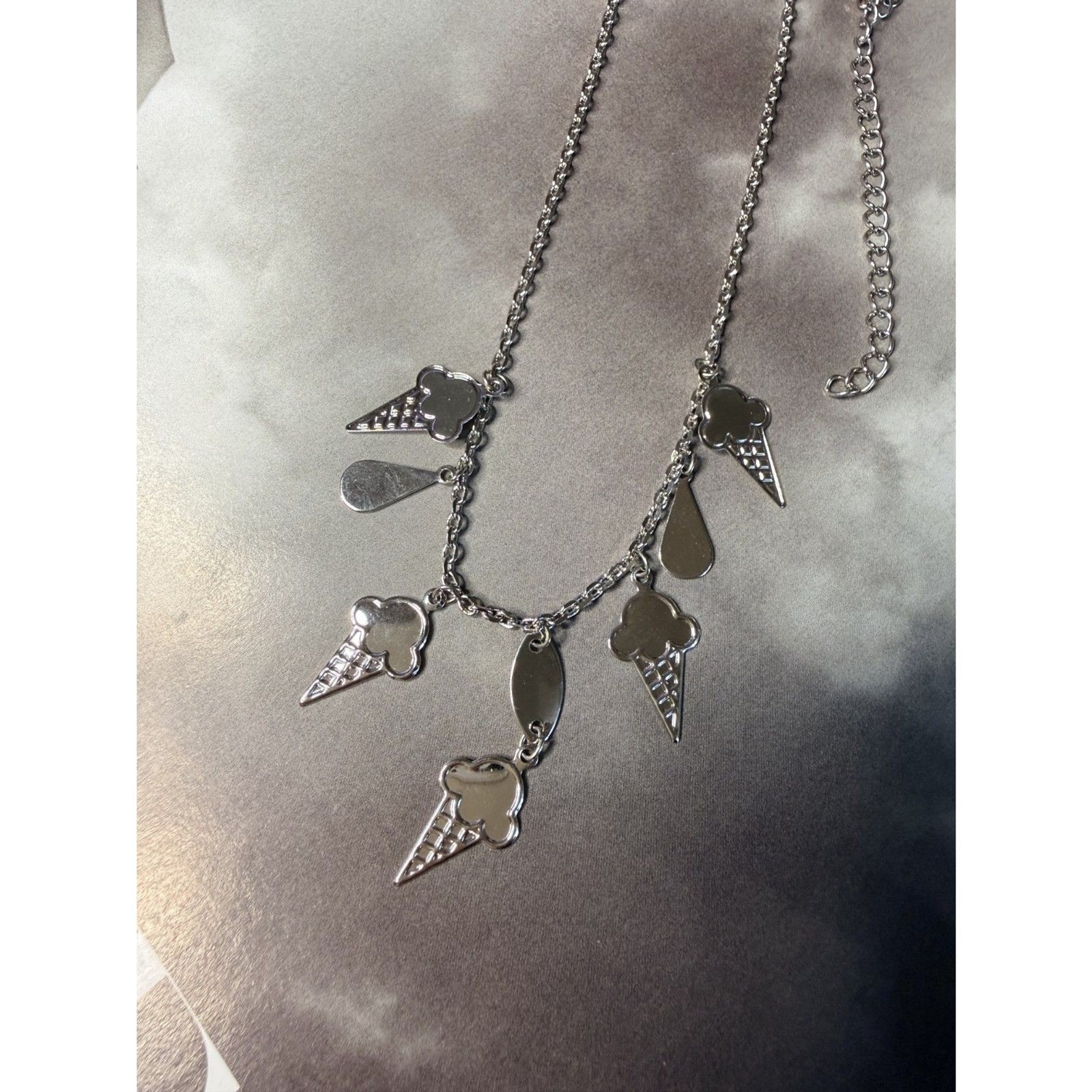 Ice Cream Cone Charm Necklace Silver Tone Multi Charm Chain Dessert Jewelry