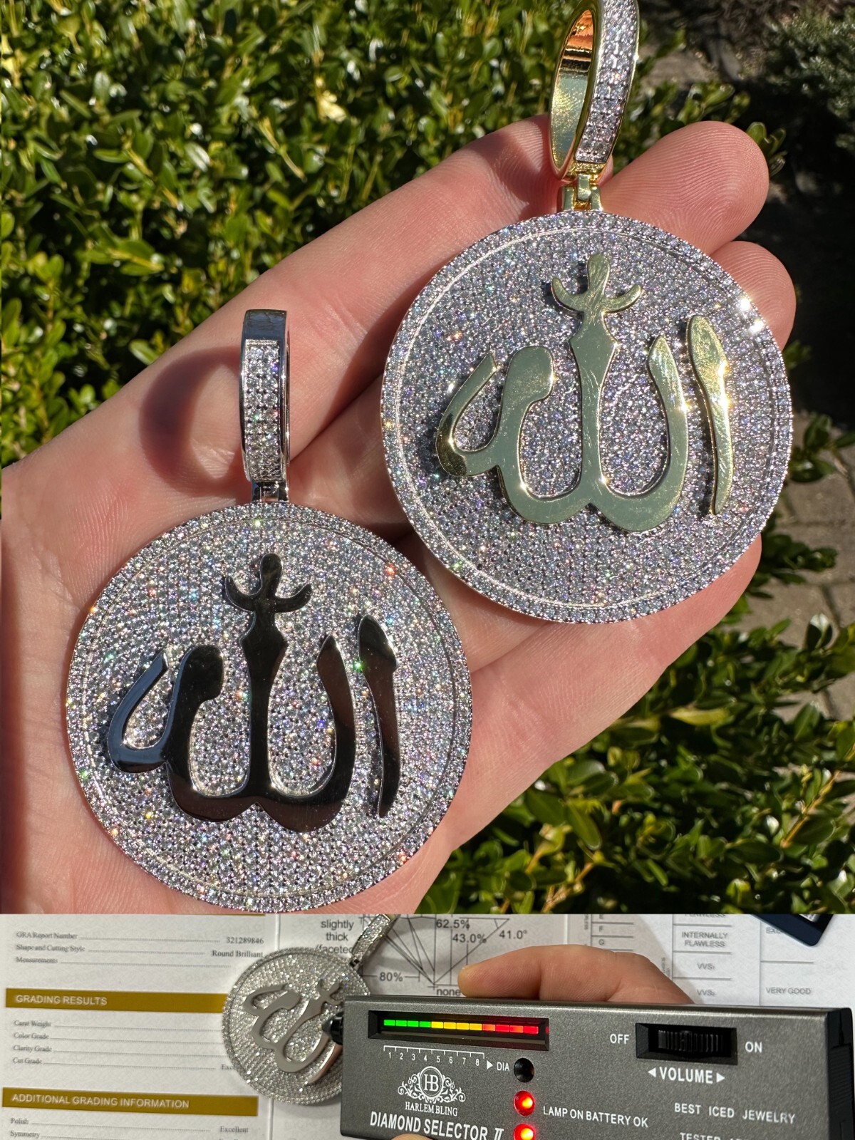 MOISSANITE Real 925 Silver / Gold Allah Medallion Arabic Necklace Pendant Iced