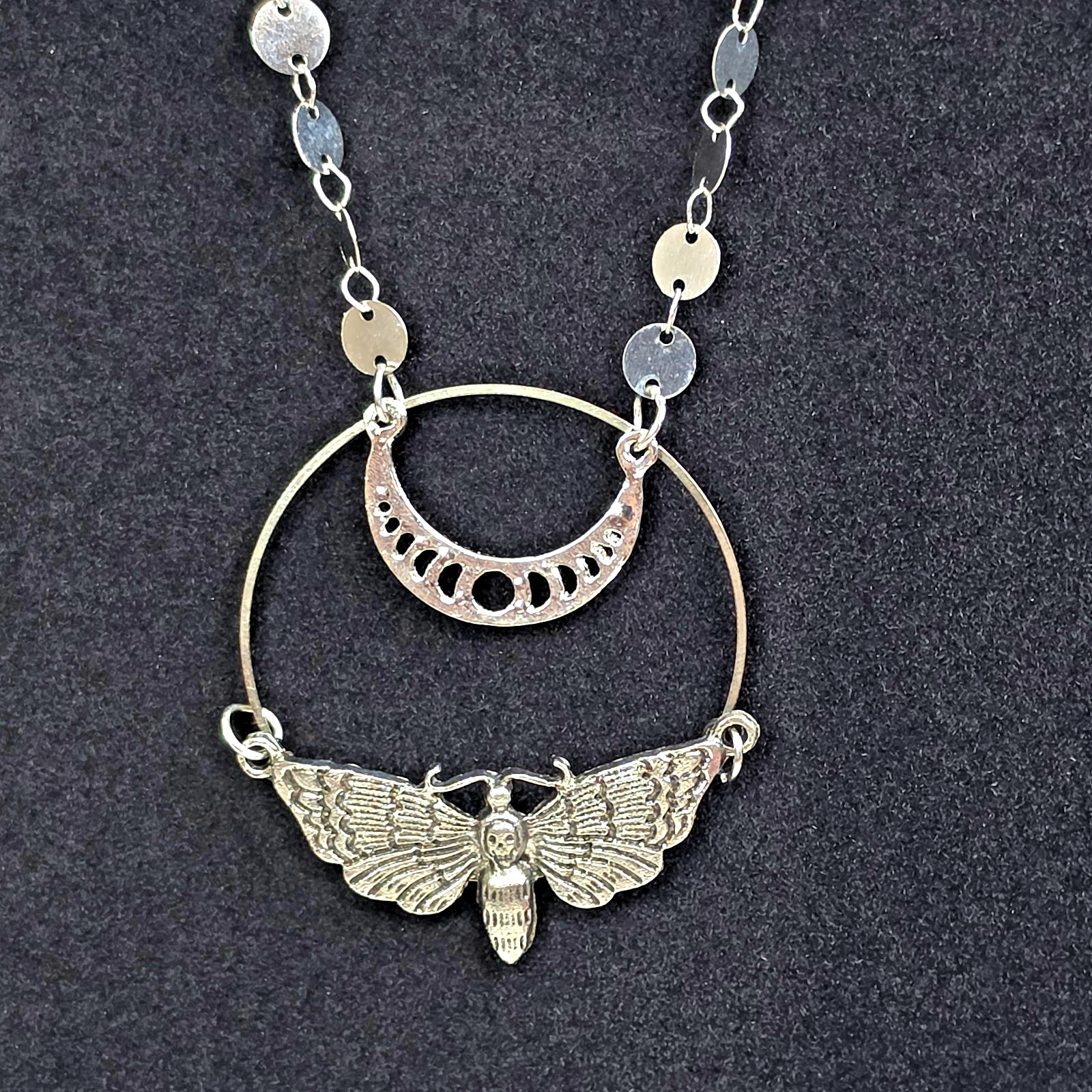 Moth & Crescent Moon Pendant 24″ Adjustable Necklace, Cable Chain Lobster