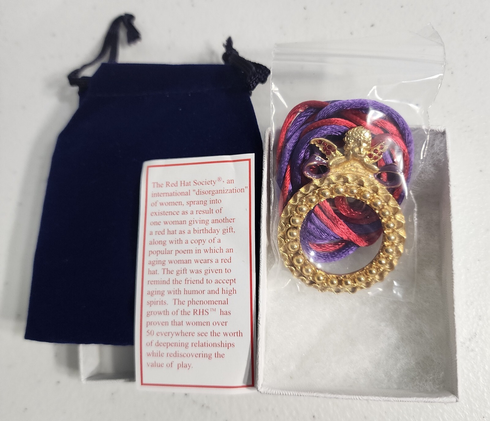 Red Hat Society Angel Magnifying Glass Pendant Red Purple Necklace Velvet Pouch