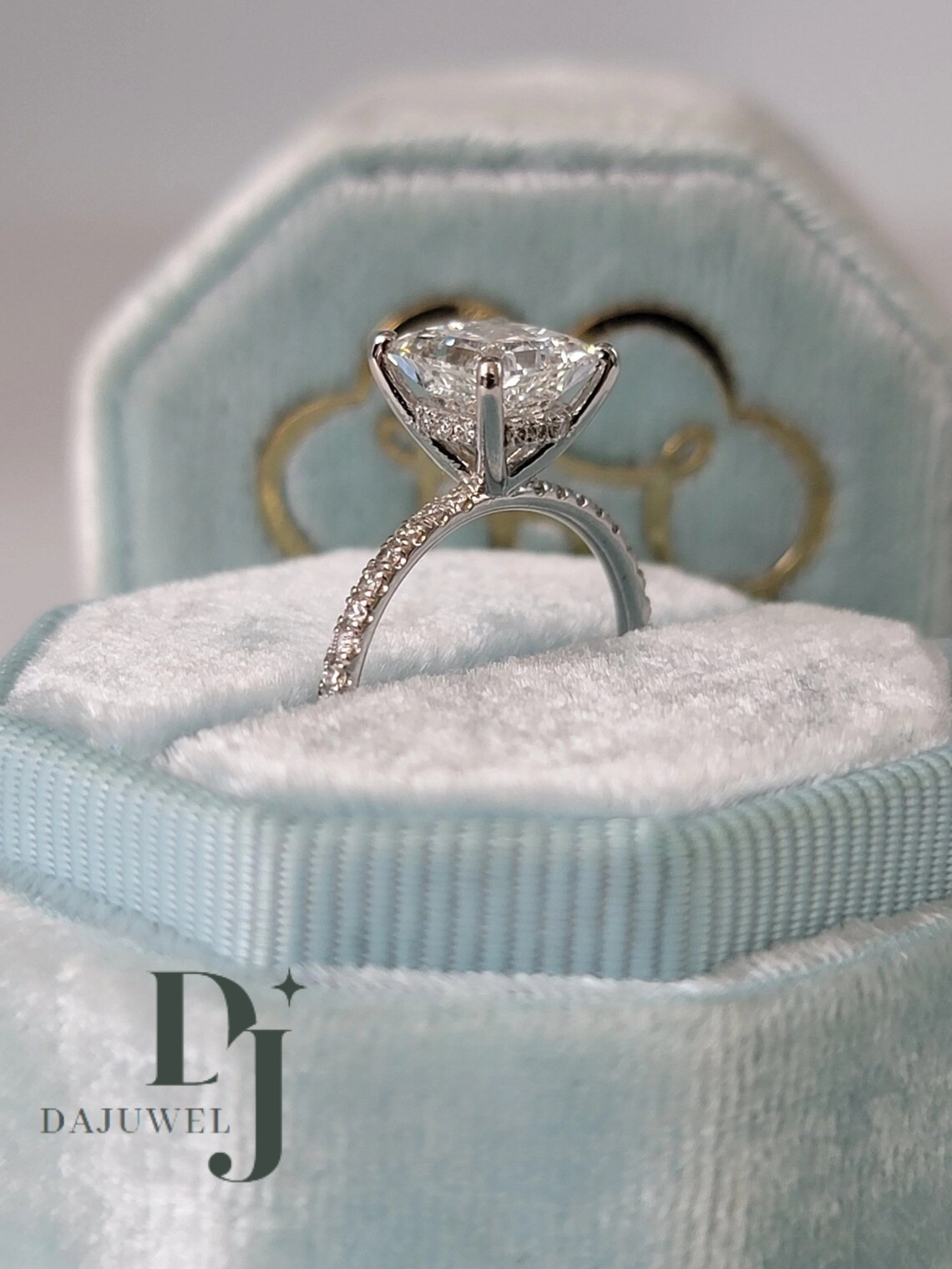 Solid 14k White Gold 2.50 CT Princess Cut Moissanite Hidden Halo Engagement Ring