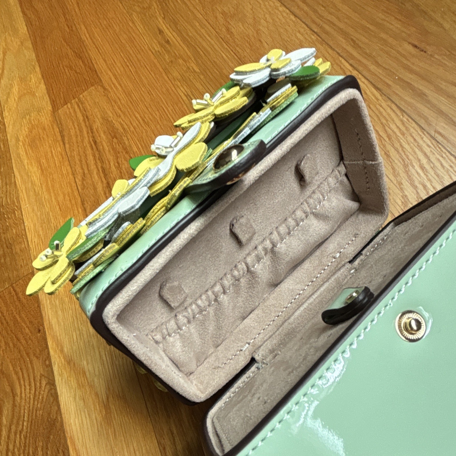 Kate Spade Floral Novelty Jewelry Box, Faux Leather Lined, Green White Yellow