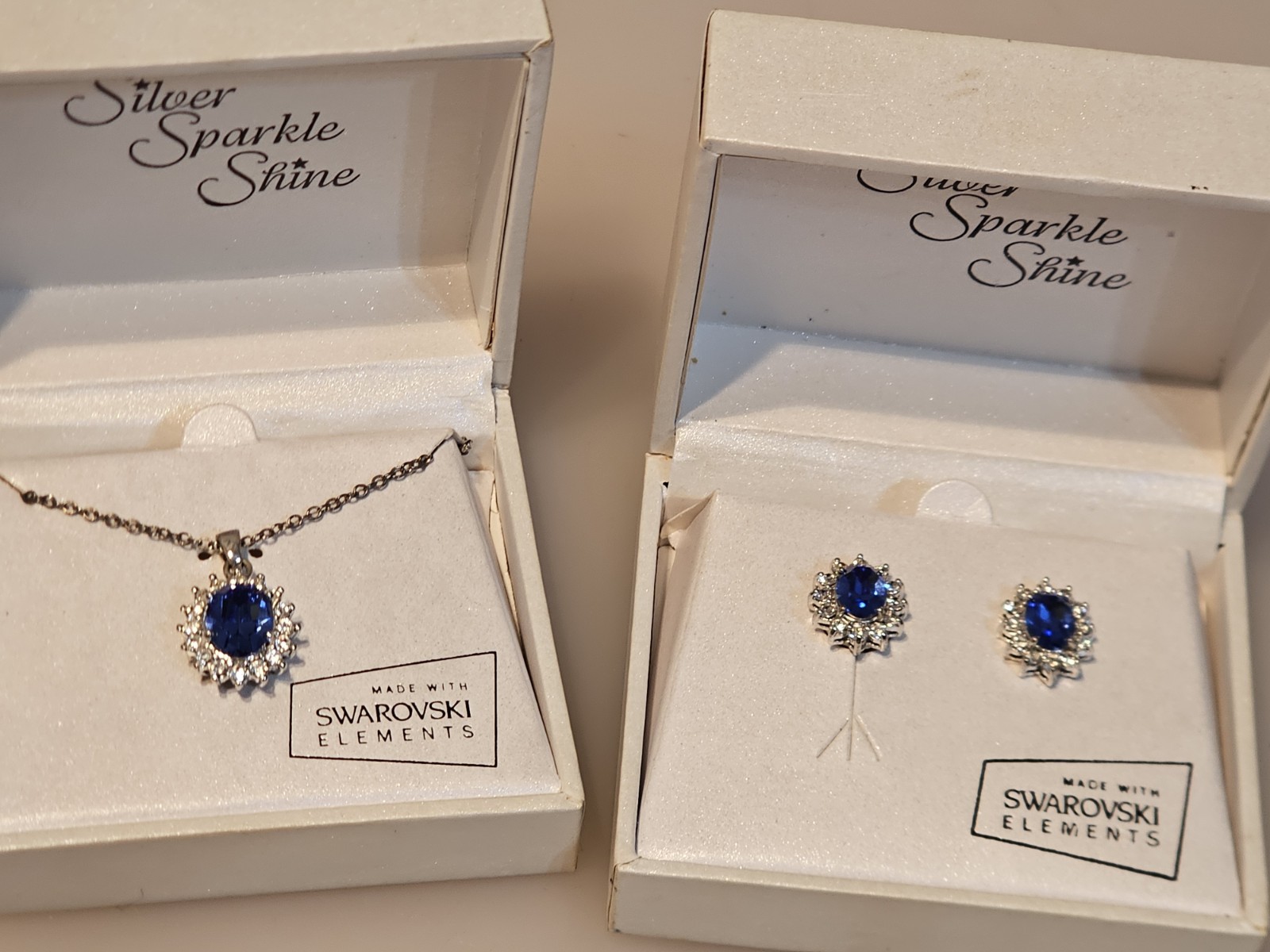 Silver Sparkle Shine Royal Blue Sapphire Halo Pendant Necklace Earring Set Swaro