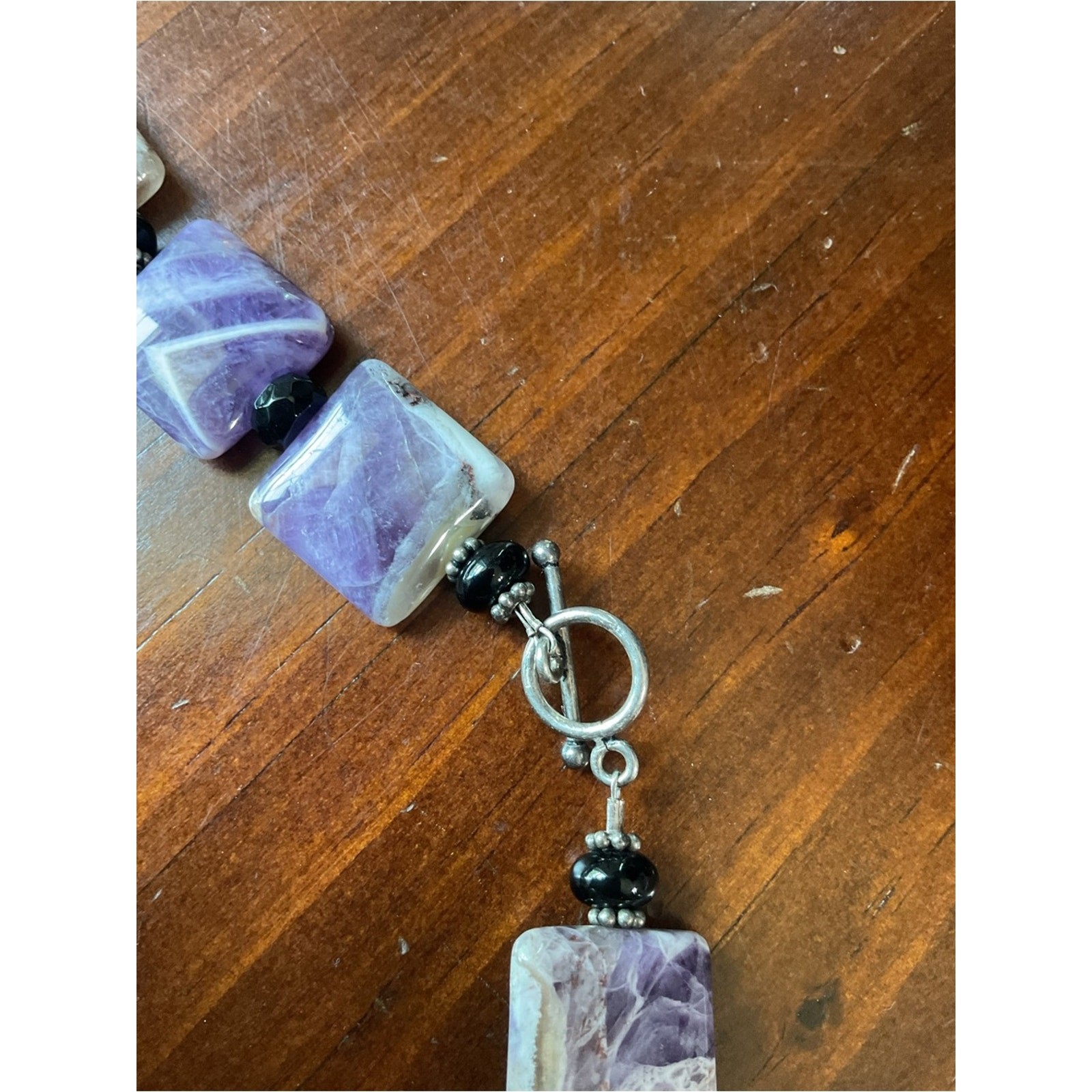 Vintage Sterling Silver Chevron Amethyst Beaded Toggle Clasp Necklace