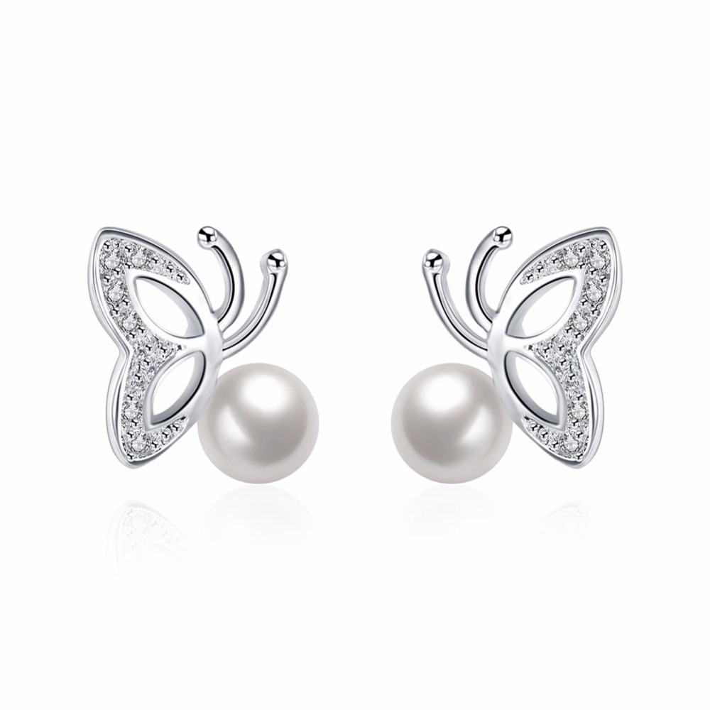 Alloy Butterfly And Pearl Stud Earring including free gift box
