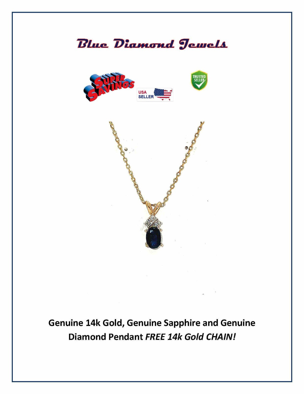 Pendant 14k Gold & Genuine Blue Sapphire w Diamond Accents w/FREE 14k GOLD CHAIN