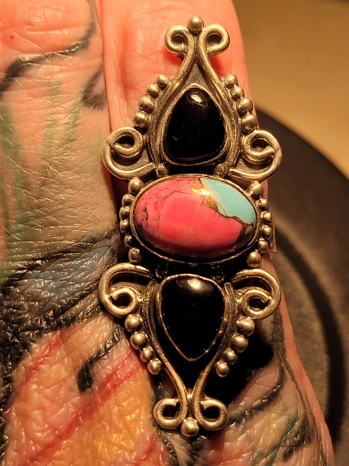 Cotton Candy Turquoise Black Onyx SS 925 Adjustable Southwestern Ring – handmade