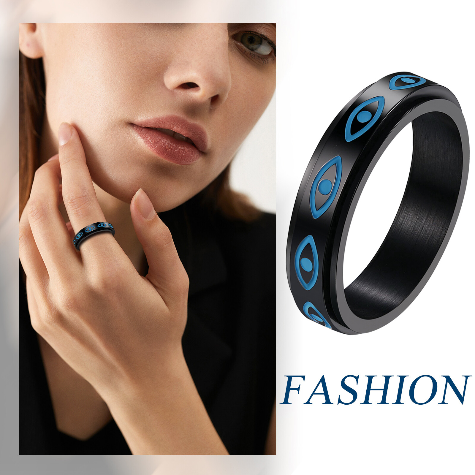 Evil Eye Spinner Ring Anti Anxiety Fidget Stainless Steel Rotate Band Men Women