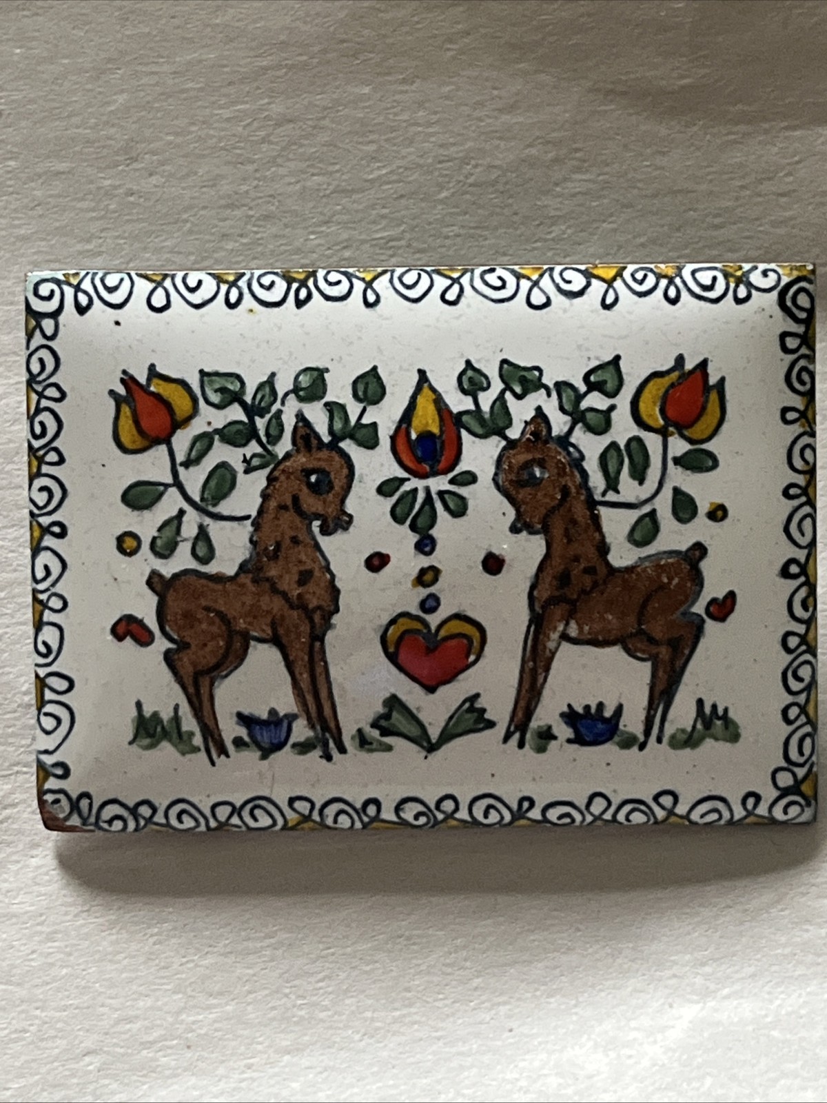 Vintage Metal And Enamel Hand Painted Brooch With Deer