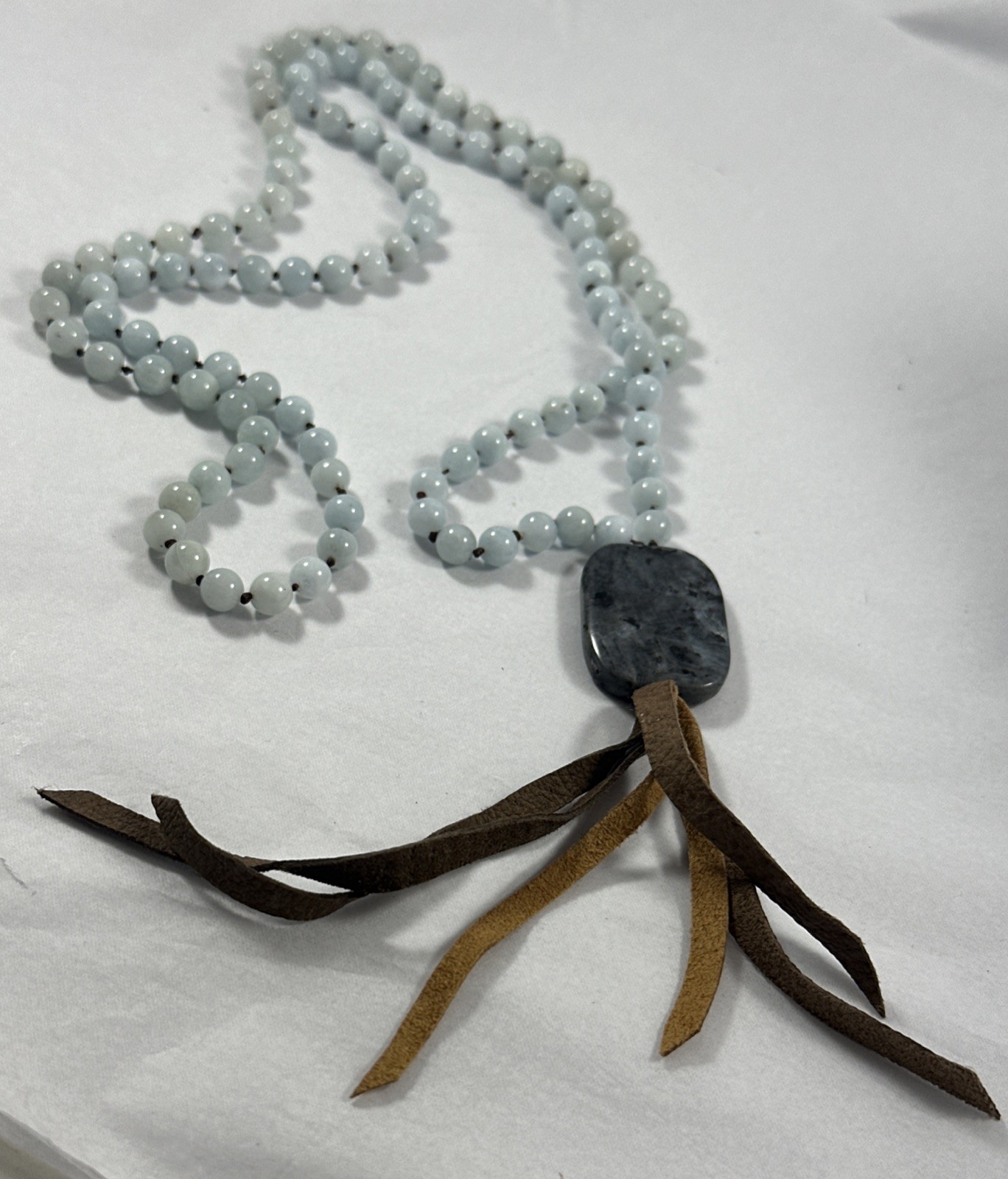 Silver Shimmer Larvikite Pendant ~ Hand Knotted Snowy Jade Beads 26″ Necklace
