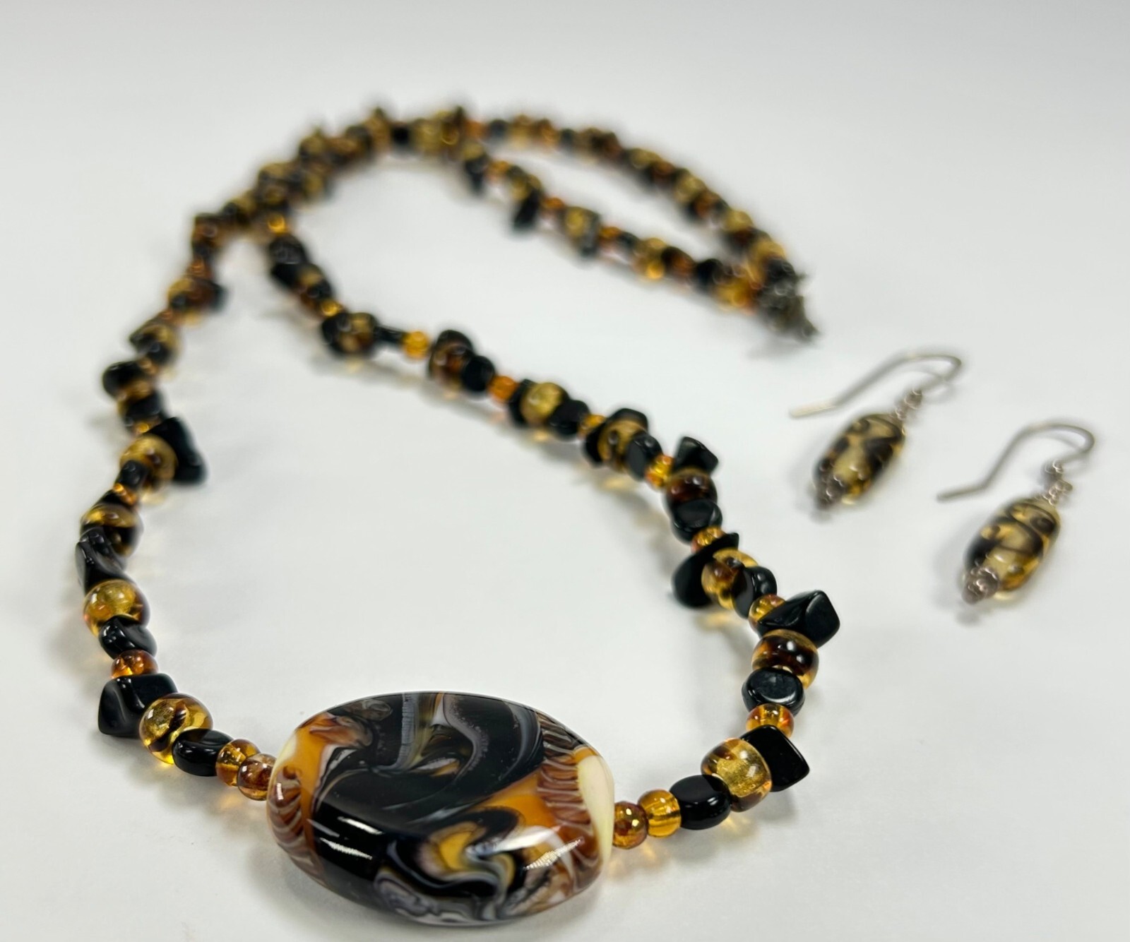 925 Glass Beaded Necklace Earrings Set Swirled Orange Amber Brown Black White