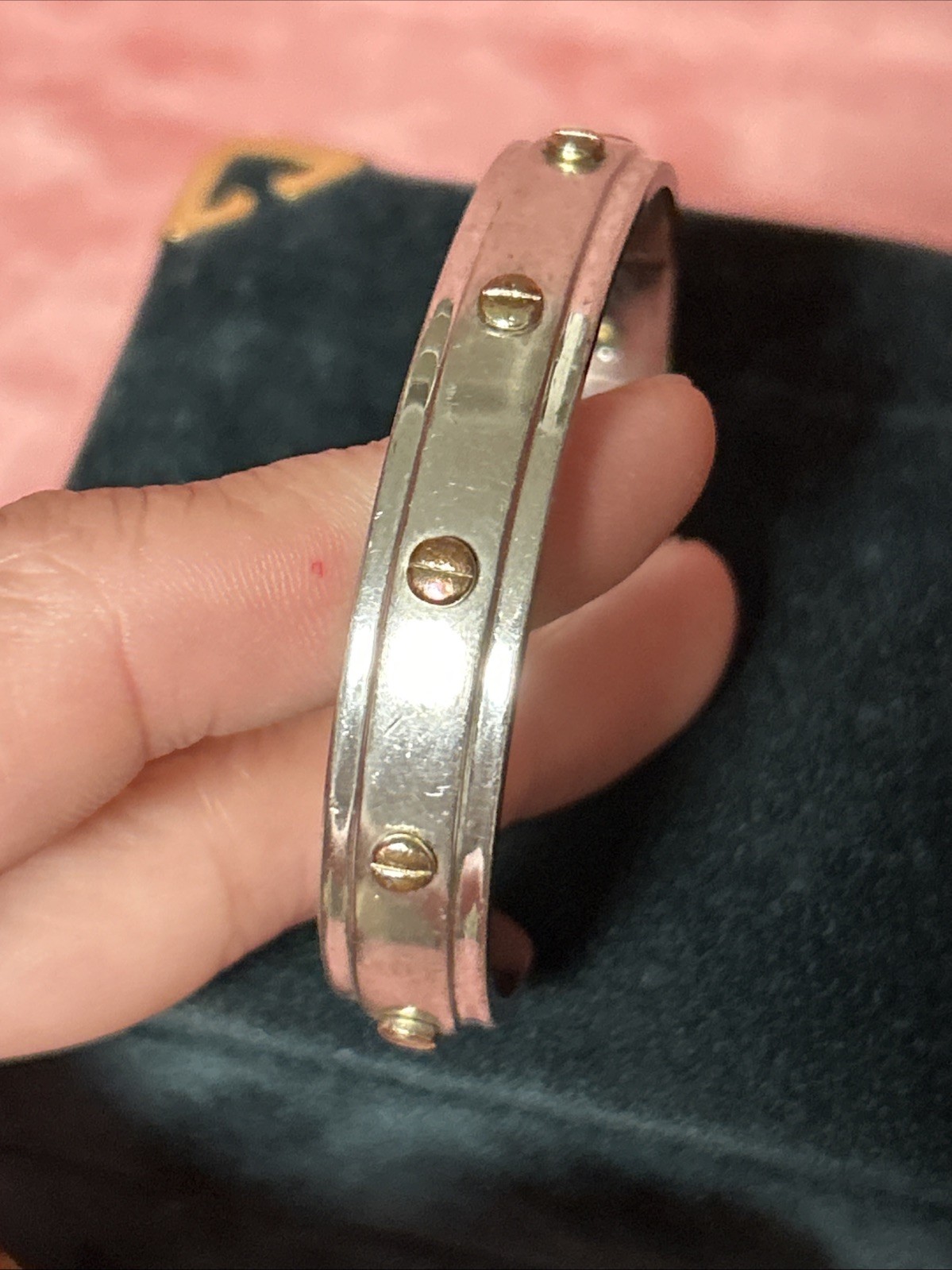 Henri Bendel Screw Cuff Bracelet Silvertone w/ Goldtone Screws