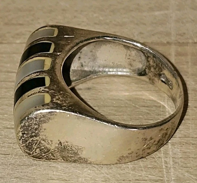 Vintage Ring Size 5 Silver Mother of Pearl Black Onyx 4.7g READ Condition
