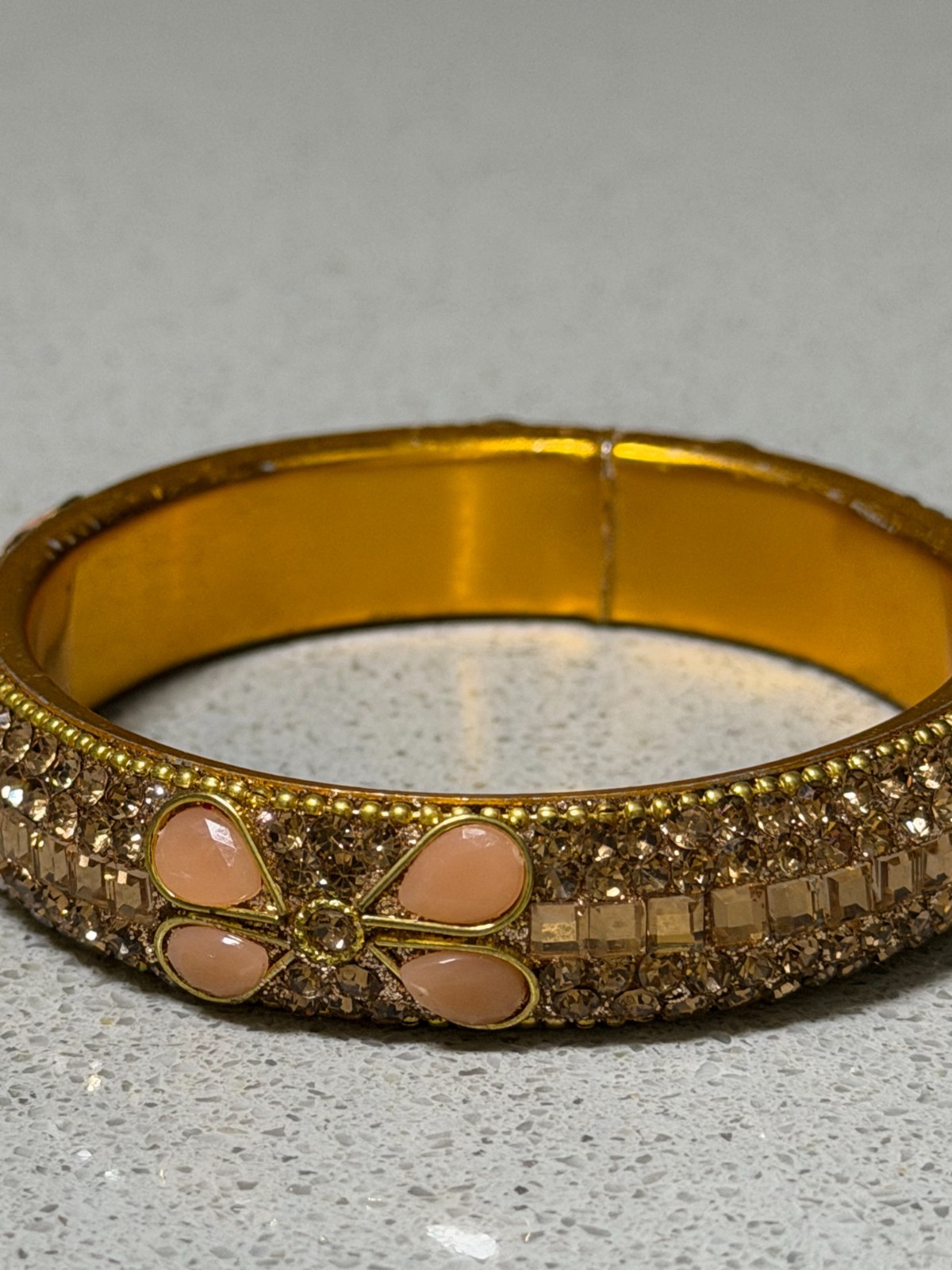 Gold-Toned Indian-Style Bangle Bracelet Sparkling Crystal Inlays & Flower