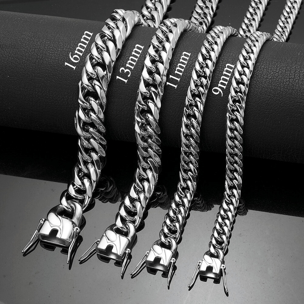 9/11/13/16mm Women Men Stainless Steel Curb Cuban Link Chain Necklace 7-40inch