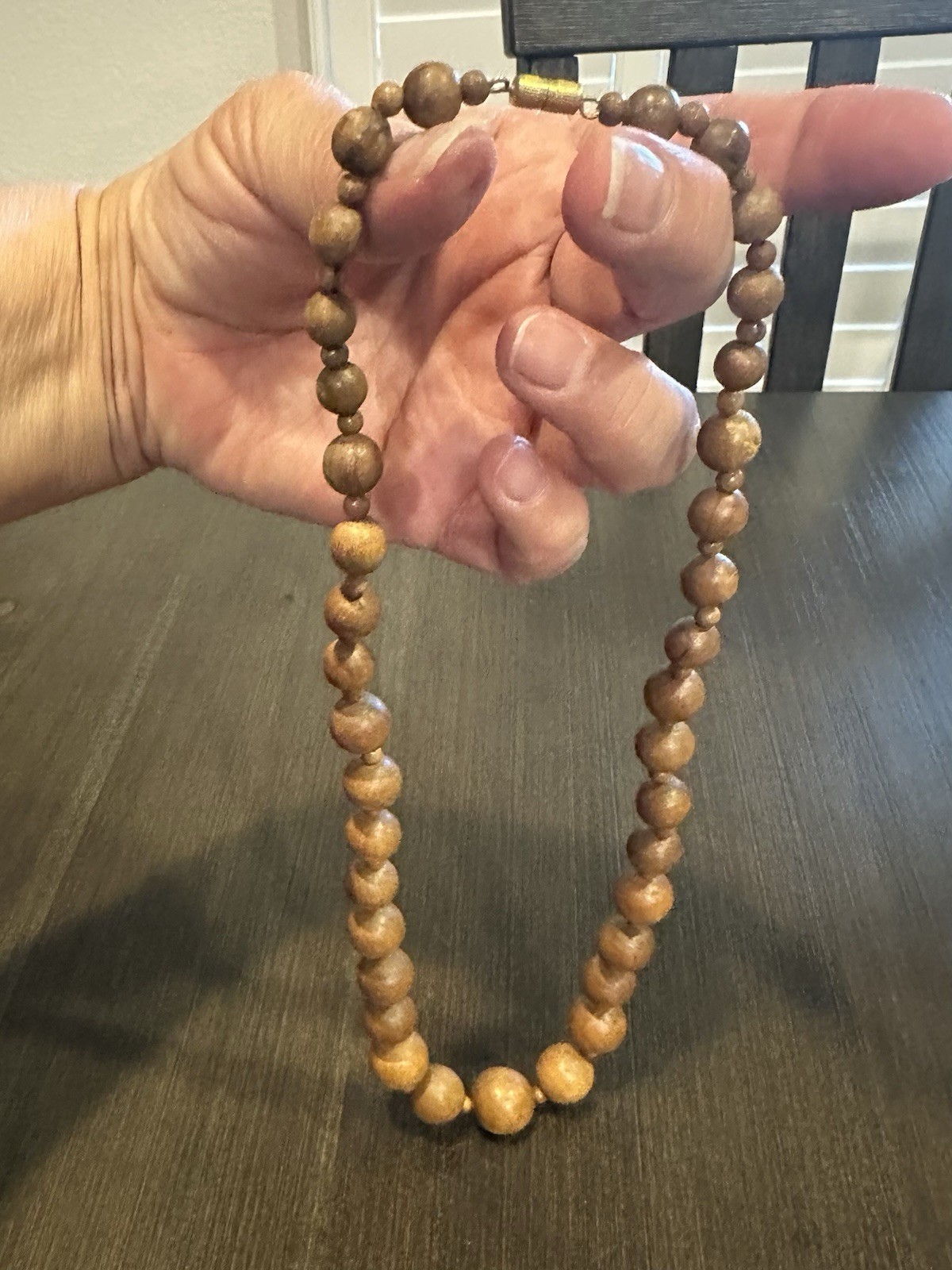 Vintage 1970s Chunky Graduated Wooden Bead Necklace with Brass Barrel Clasp