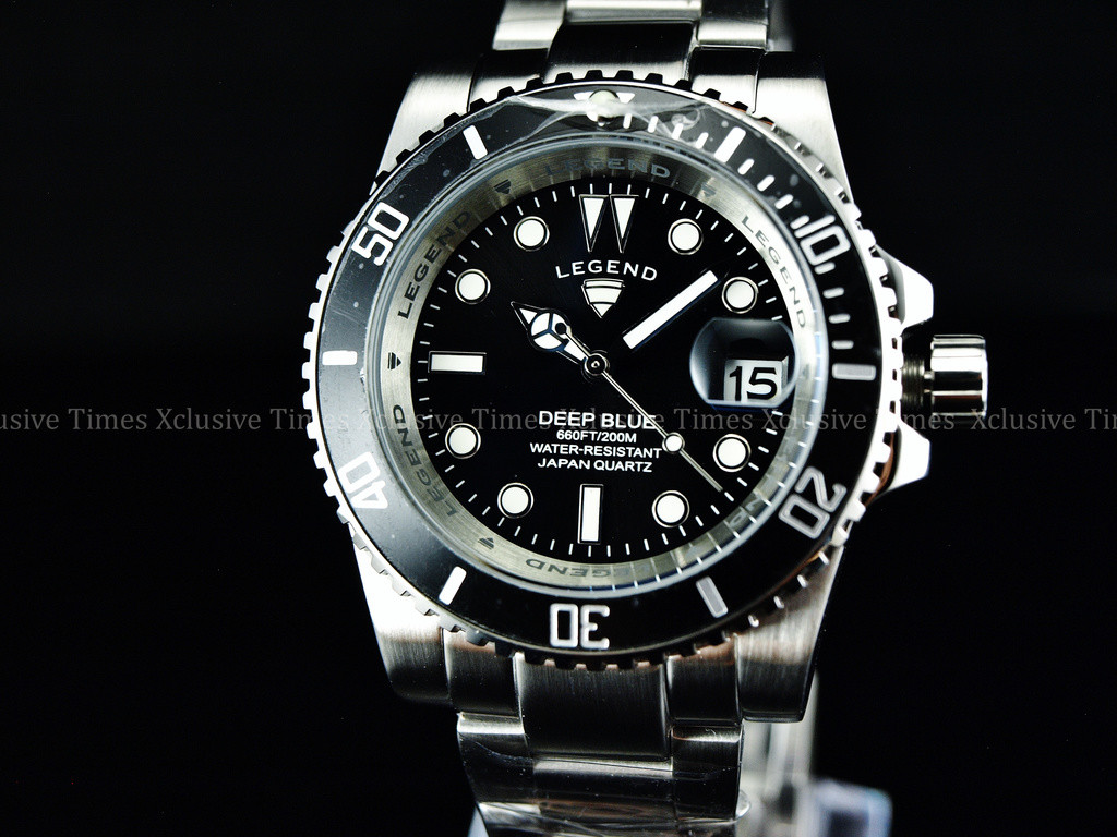 RARE Legend Men 200m Deep Blue Diver Midnight Black Dial Quartz SS Watch