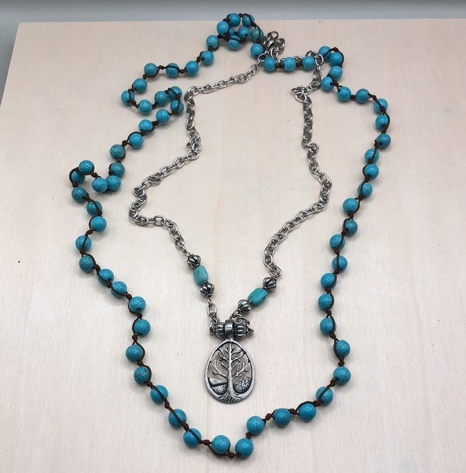 Blue Round Stone Beaded Necklace Silver-Tone Oval Tree of Life Charm Pendant