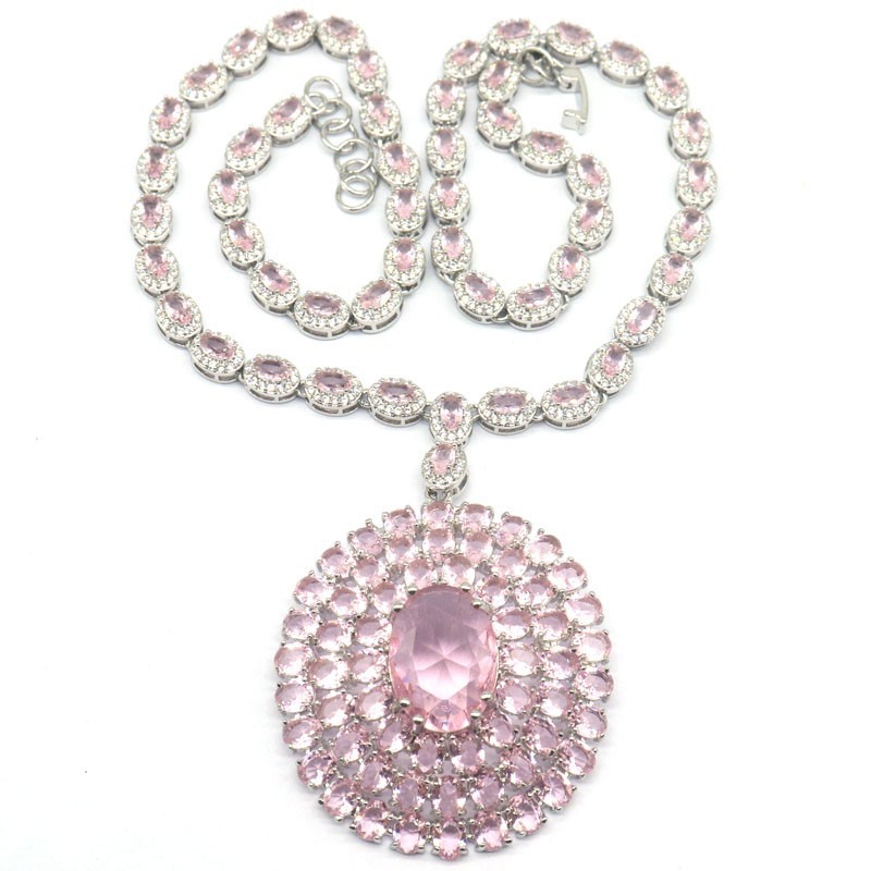 Eye Catching 40g Big Gemstone Pink Kunzite Women Dating Silver Necklace 18-19″