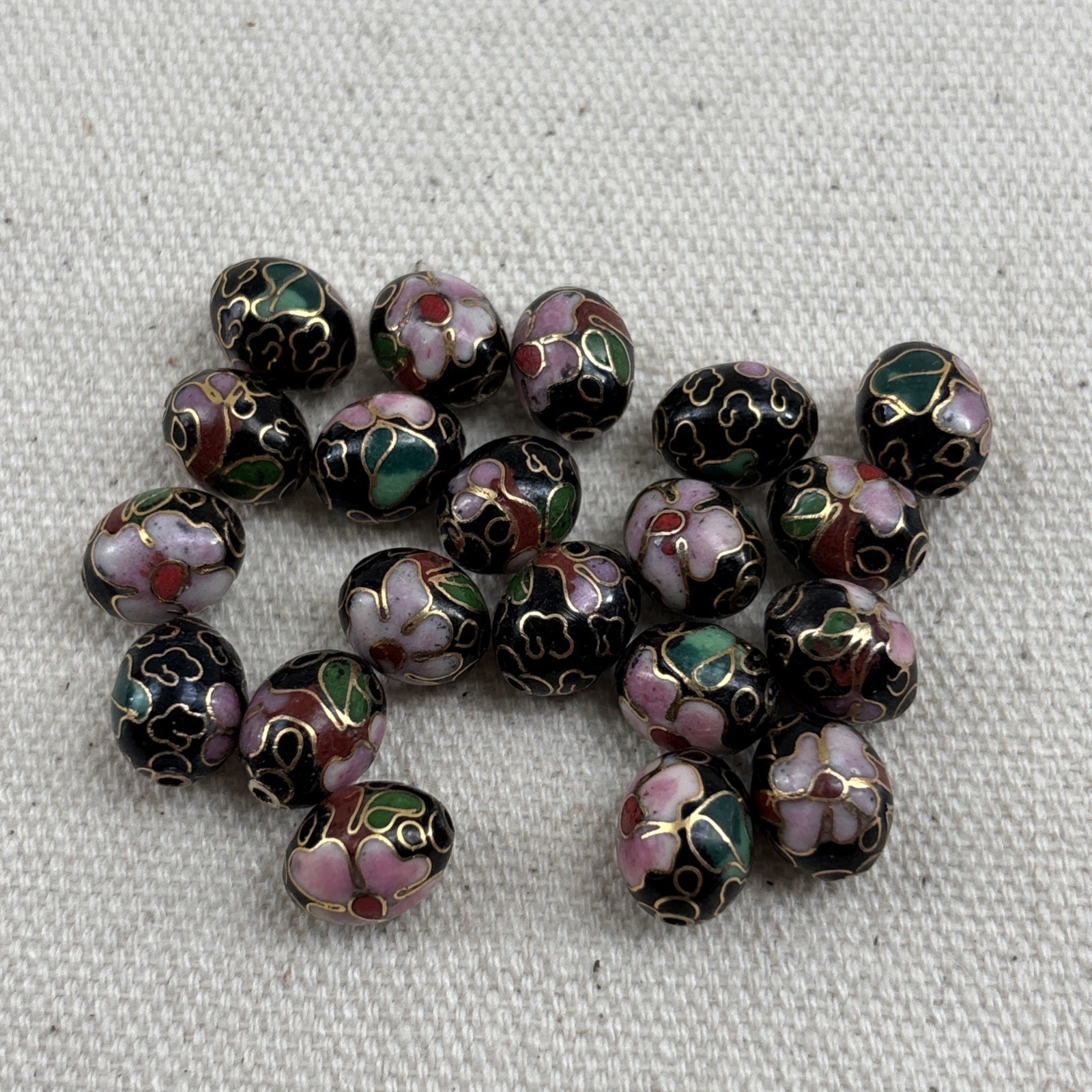 lot of 20 Black Pink Flowers Leaves Cloisonne Chinese Enamel Oval Beads 9×11.5mm