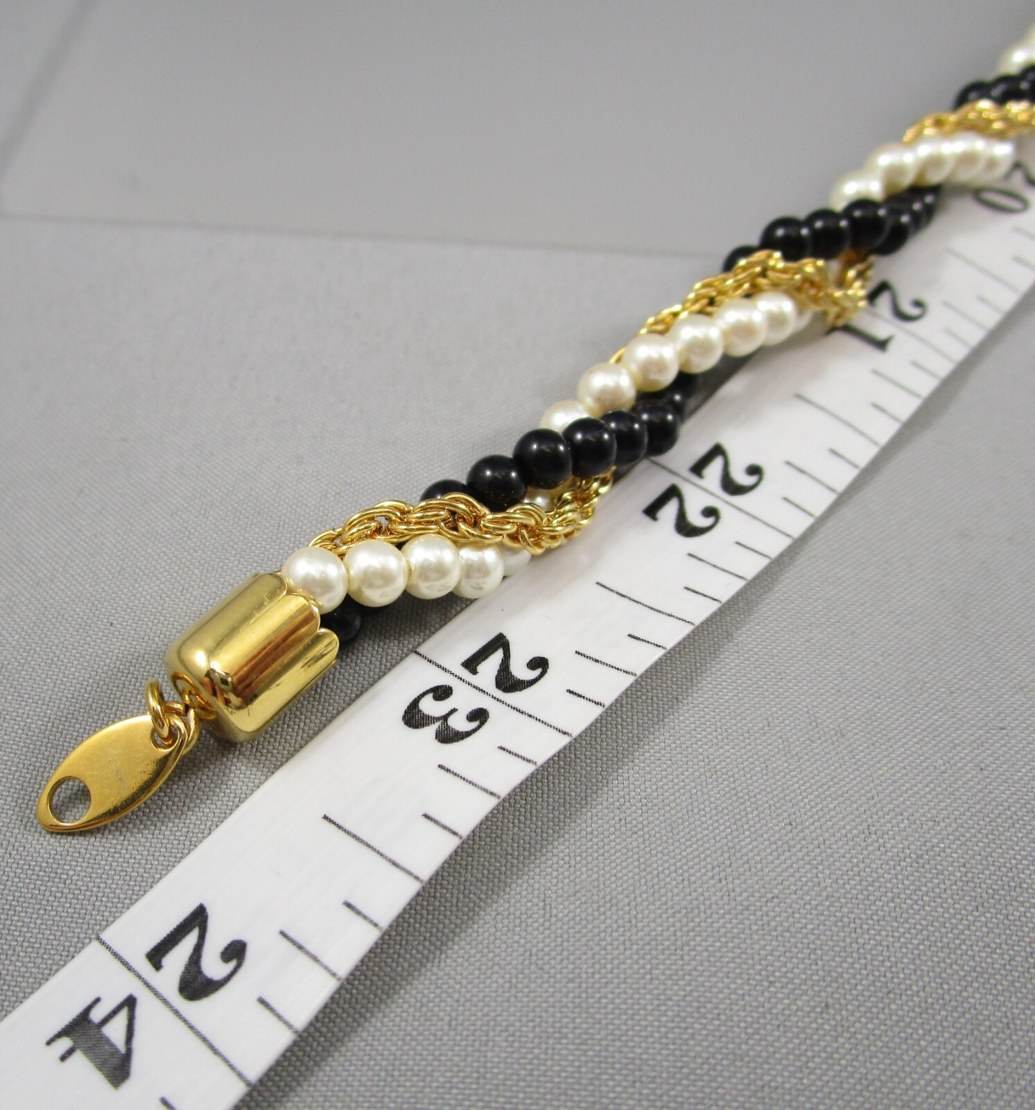 NOS Vintage MARVELLA Black Beads Gold Wrapped Chain Faux Pearl 24″ Necklace 8052