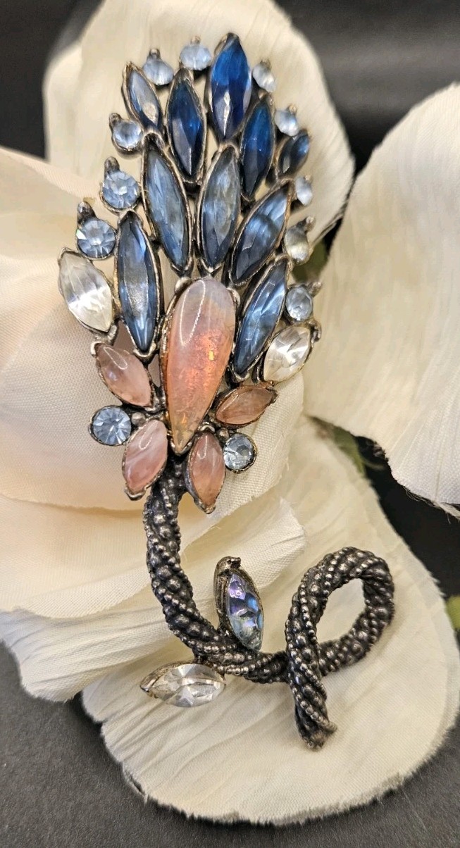 Florenza Vintage Black Rhodium Pink & Blue Rhinestone Lava Glass Flower Pin