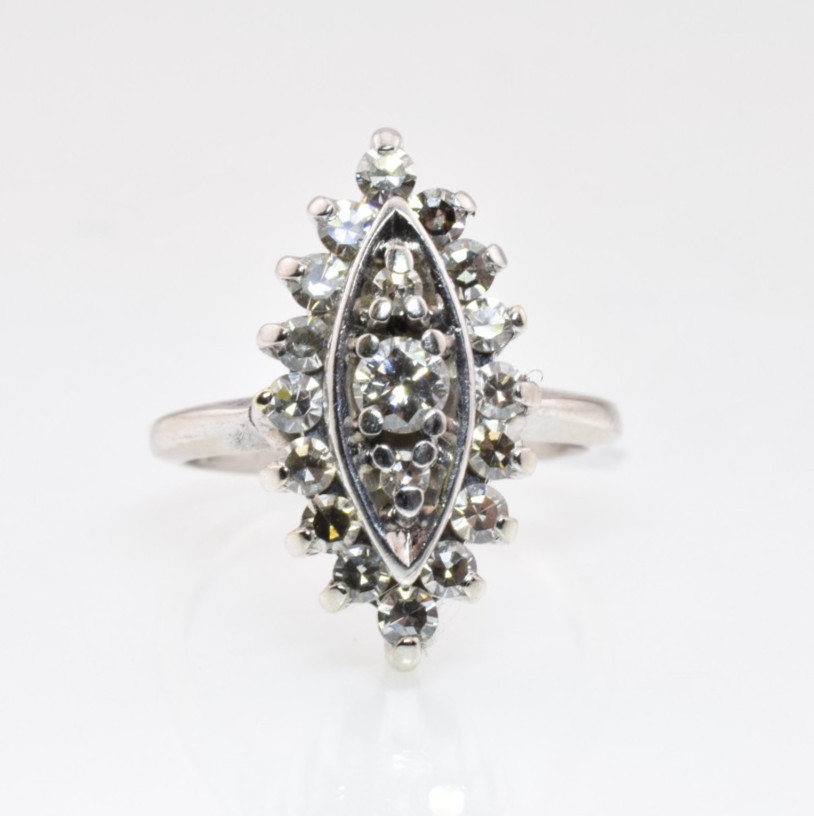 Vintage Diamond Cluster Shield Ring in 10k White Gold .60 Carats Size 3.75
