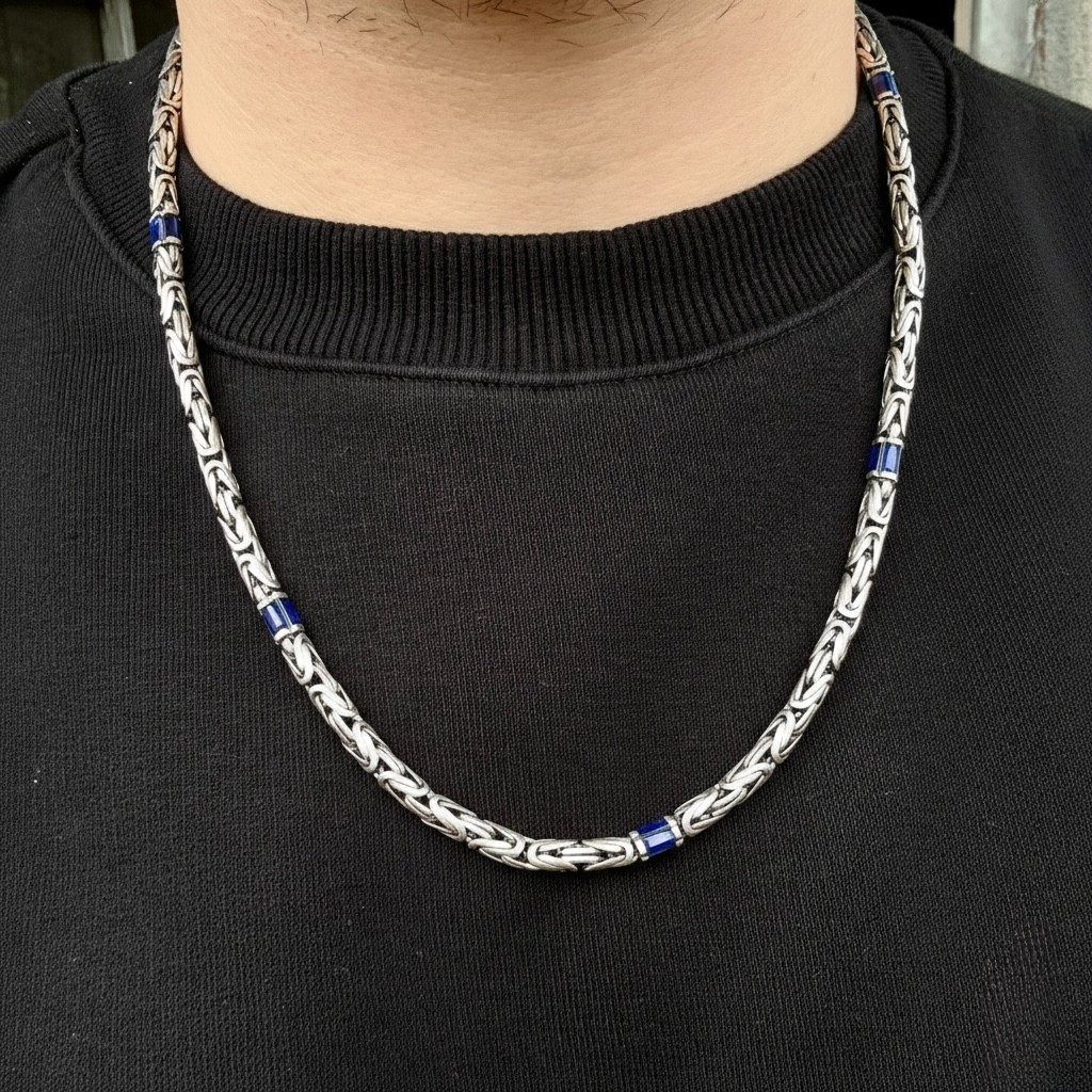 925 Silver Blue Sapphire Gemstone Byzantine Heavy Round King Chain Necklace